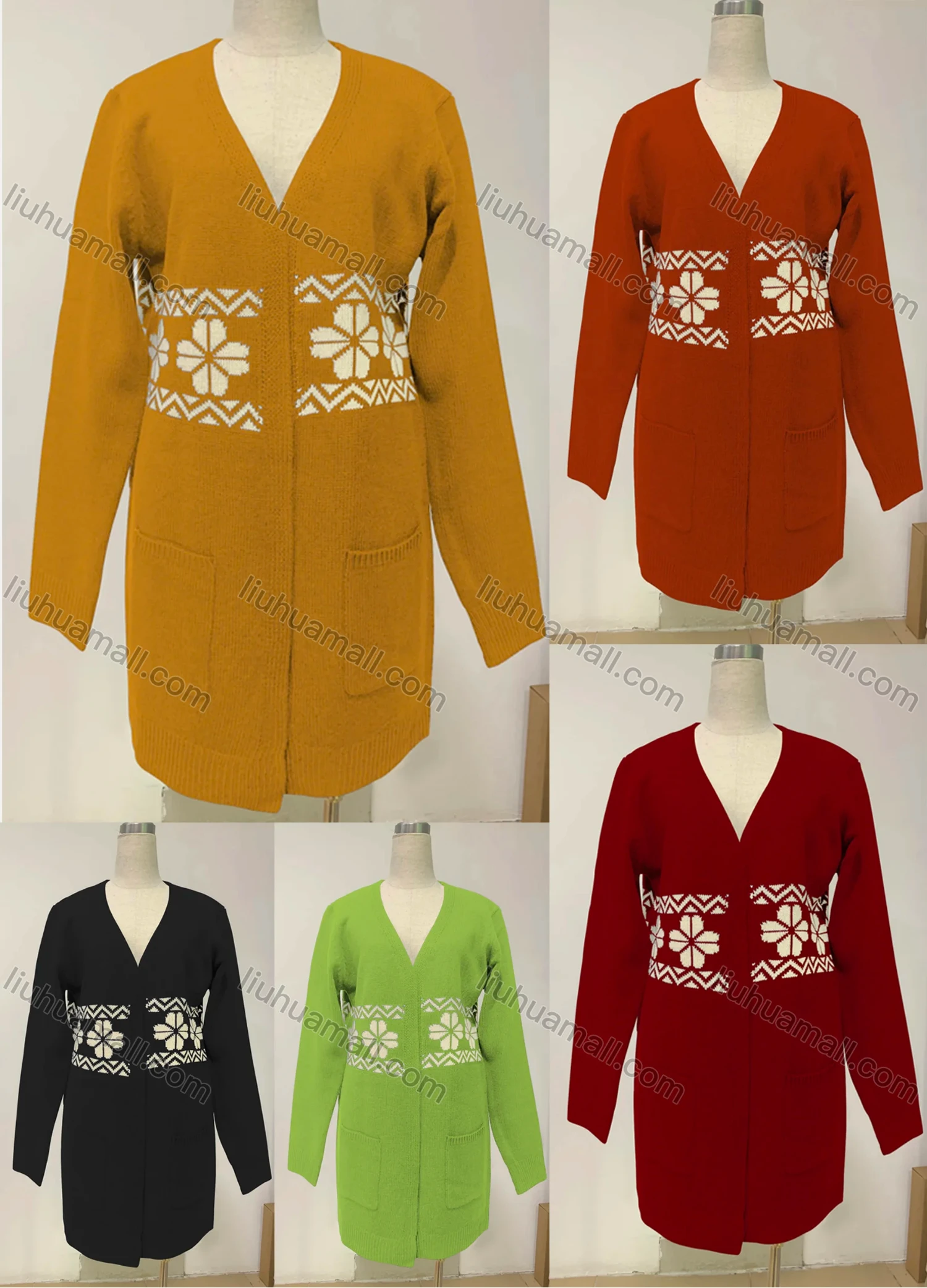 Wholesale Women's V Neck Flower Print Dual Pockets Knit Cardigan - Liuhuamall