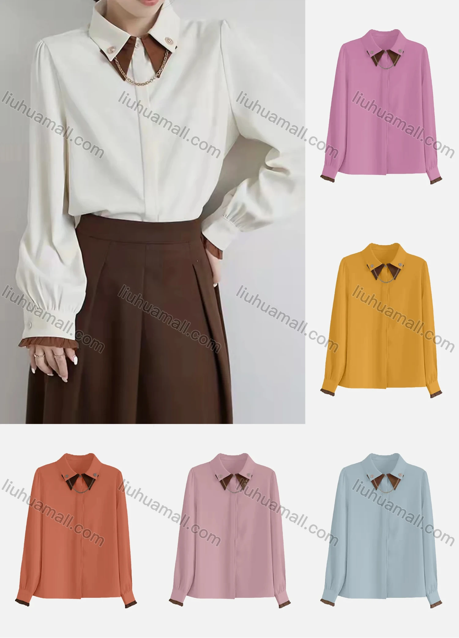 Wholesale Women's Casual Collared Long Sleeve Chain Decor Ruched Button Down Plain Shirts 167258# - Liuhuamall