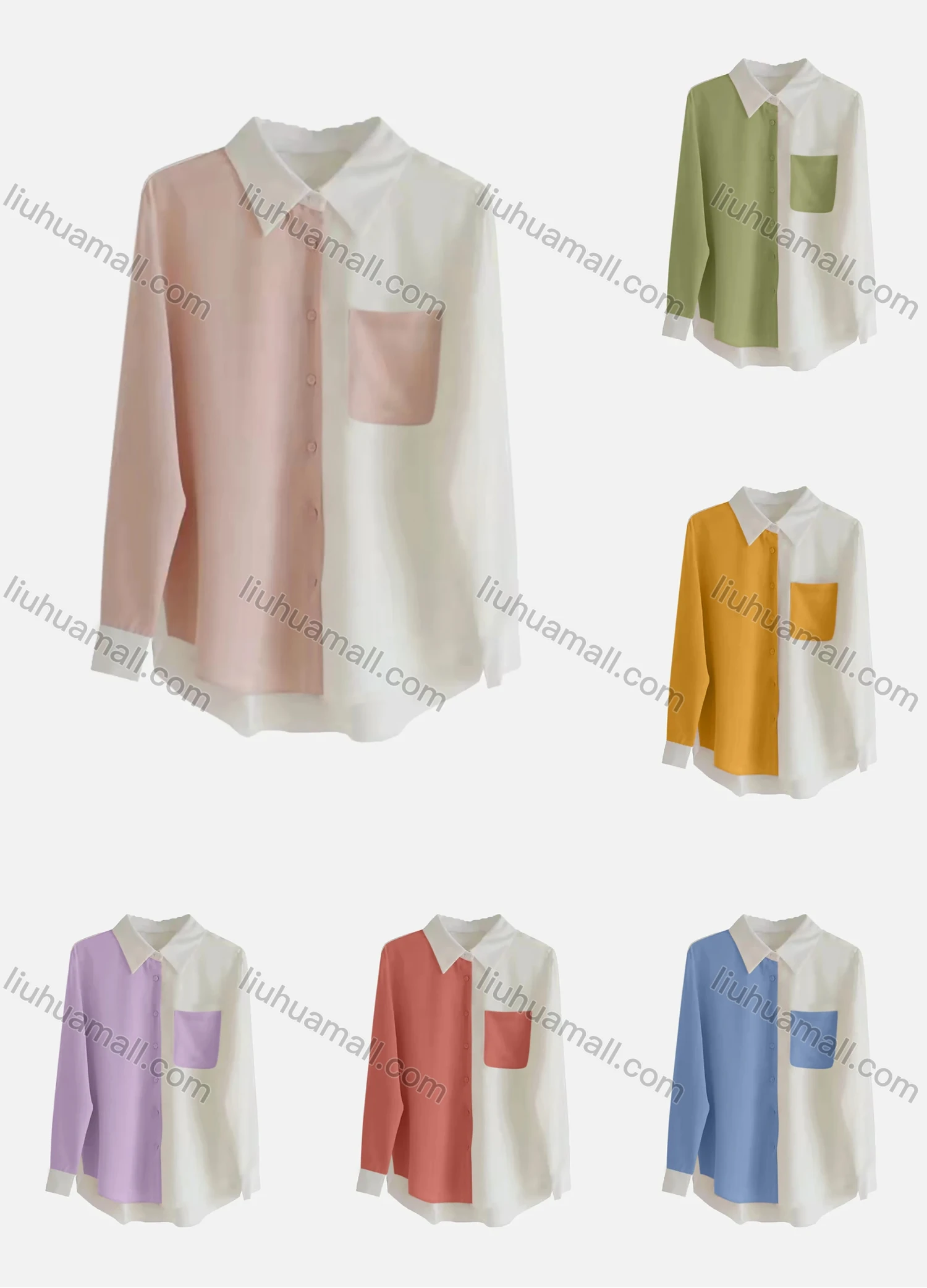 Wholesale Women's Casual Long Sleeve Collared Splicing Colorblock Button Down Patch Pocket Shirts 179898# - Liuhuamall