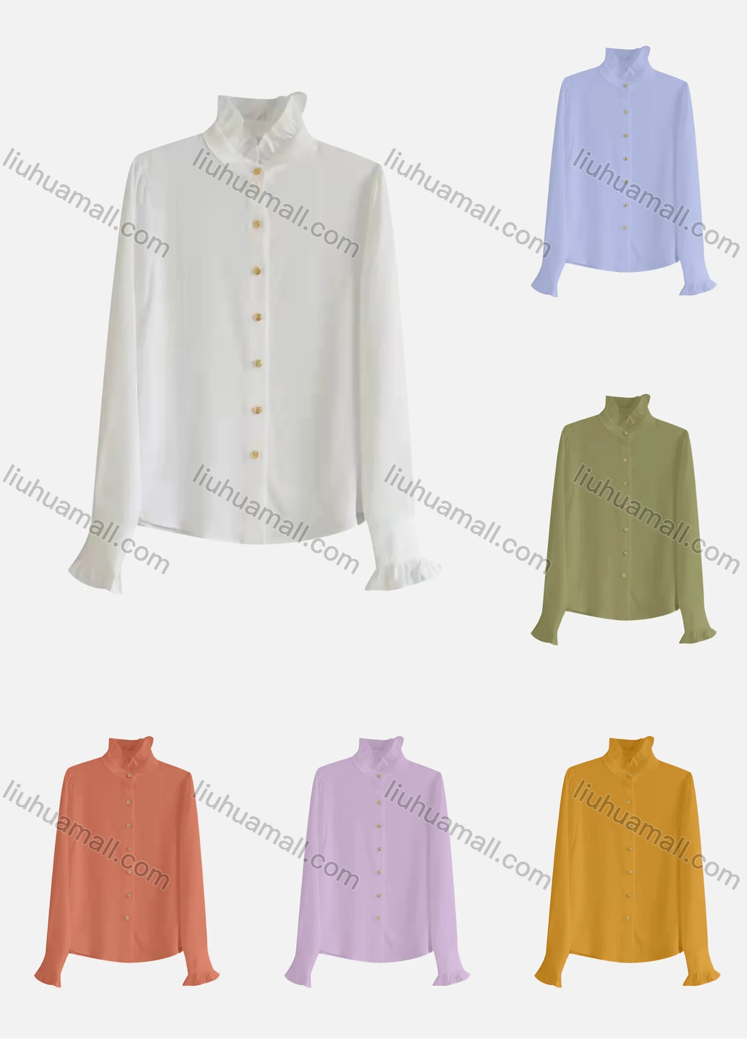 Wholesale Women's Casual Long Sleeve Ruffle Neck Button Down Plain Ruffle Trim Shirts 181921# - Liuhuamall
