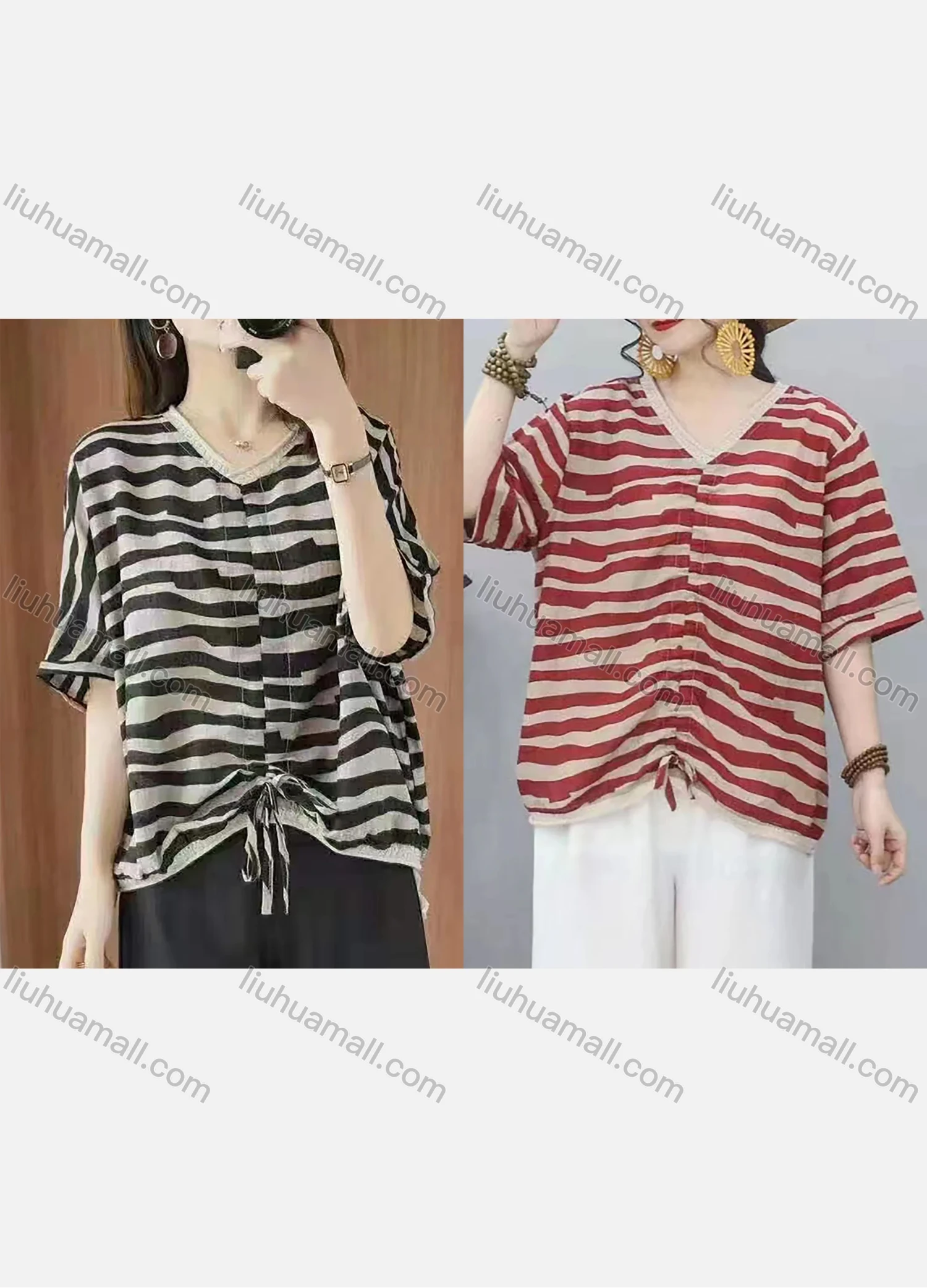 Wholesale Women's Casual Comfort V Neck Top Half Sleeve Striped Blouse With Drawstring - Liuhuamall