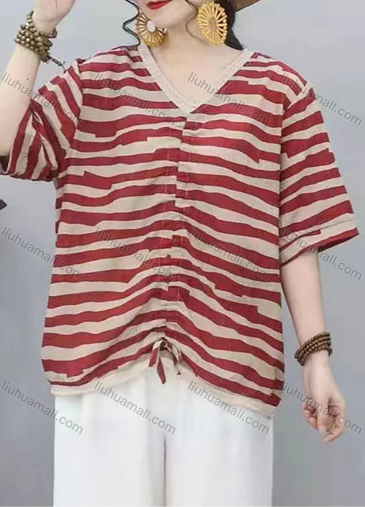 Wholesale Women's Casual Comfort V Neck Top Half Sleeve Striped Blouse With Drawstring - Liuhuamall
