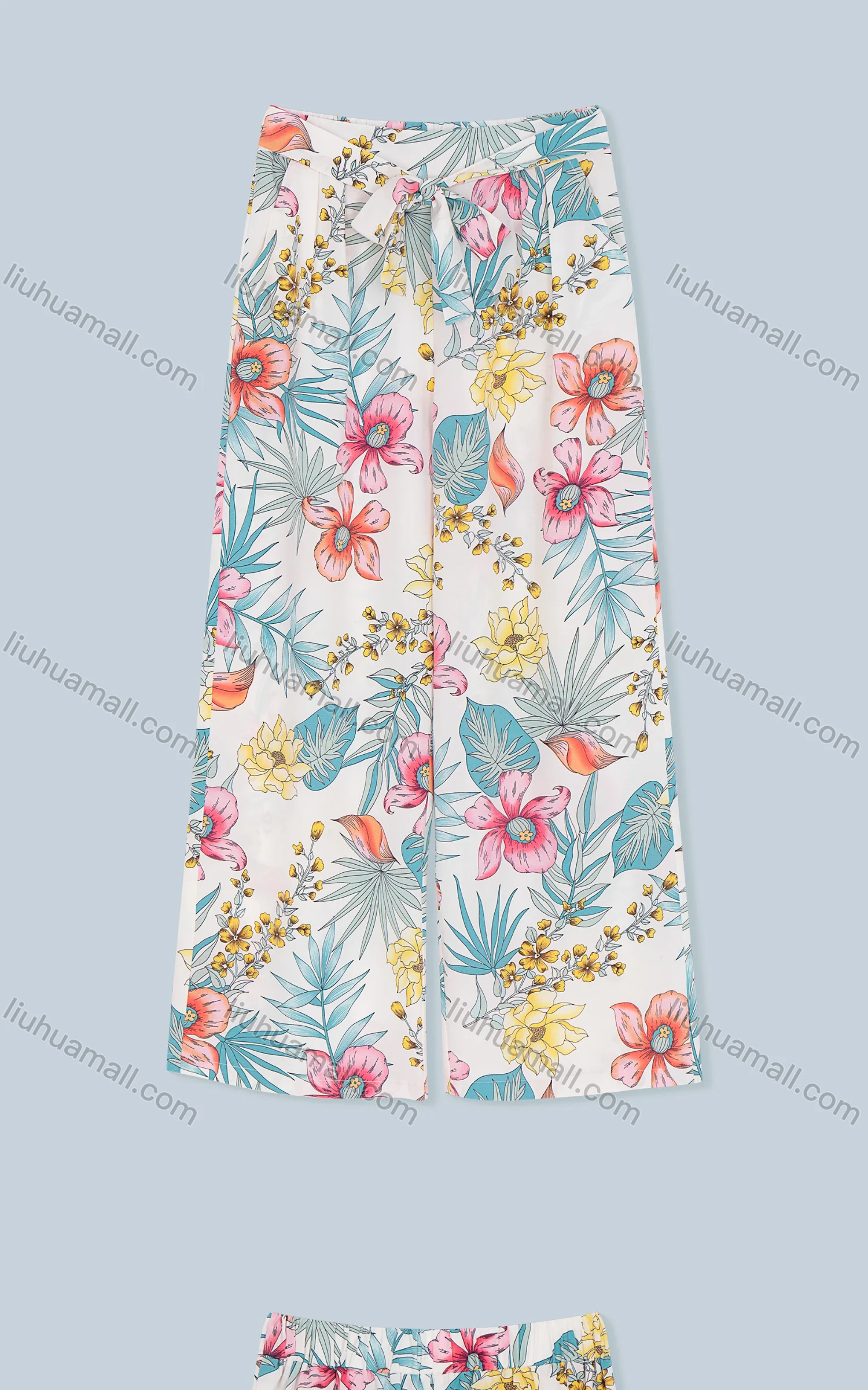Wholesale Women's Fashion Slant Pocket Allover Flower Print Wide Leg Pants With Belt 2050-1436# - Liuhuamall