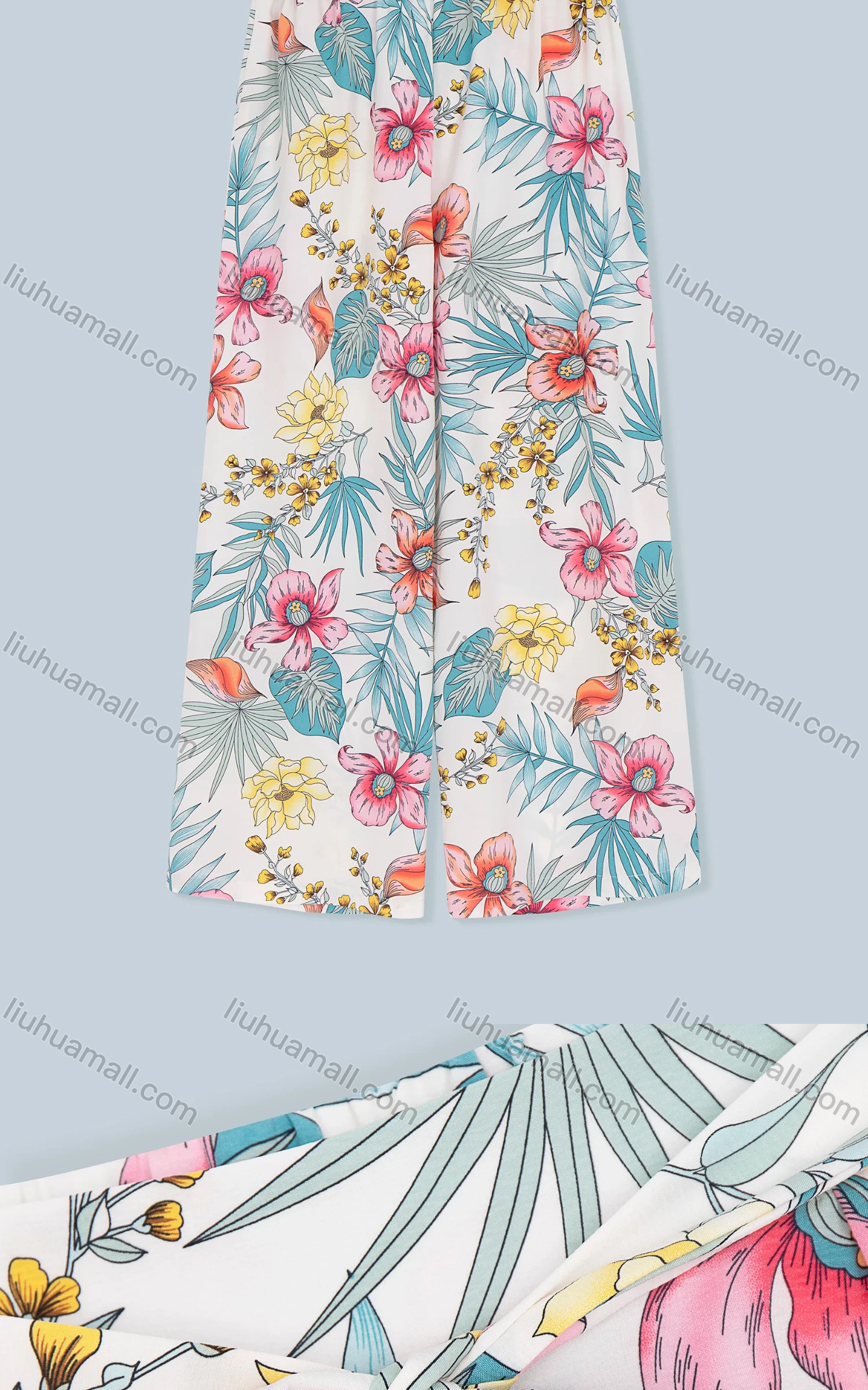 Wholesale Women's Fashion Slant Pocket Allover Flower Print Wide Leg Pants With Belt 2050-1436# - Liuhuamall