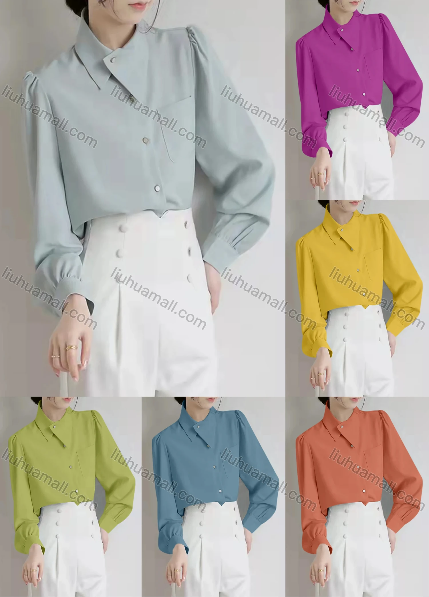 Wholesale Women's Casual Asymmetrical Neck Long Sleeve Button Down Patch Pocket Plain Shirts - Liuhuamall
