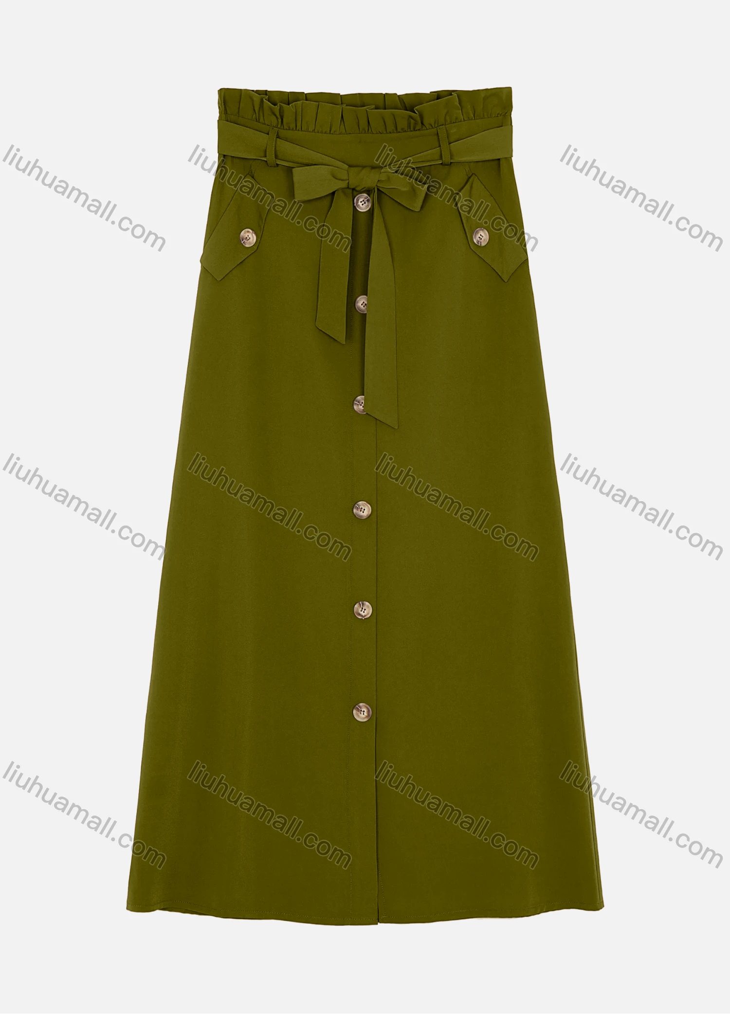 Wholesale Women's Elastic Waist Lace Up Button Fake Pockets Plain Maxi Skirts 2050-2251# - Liuhuamall