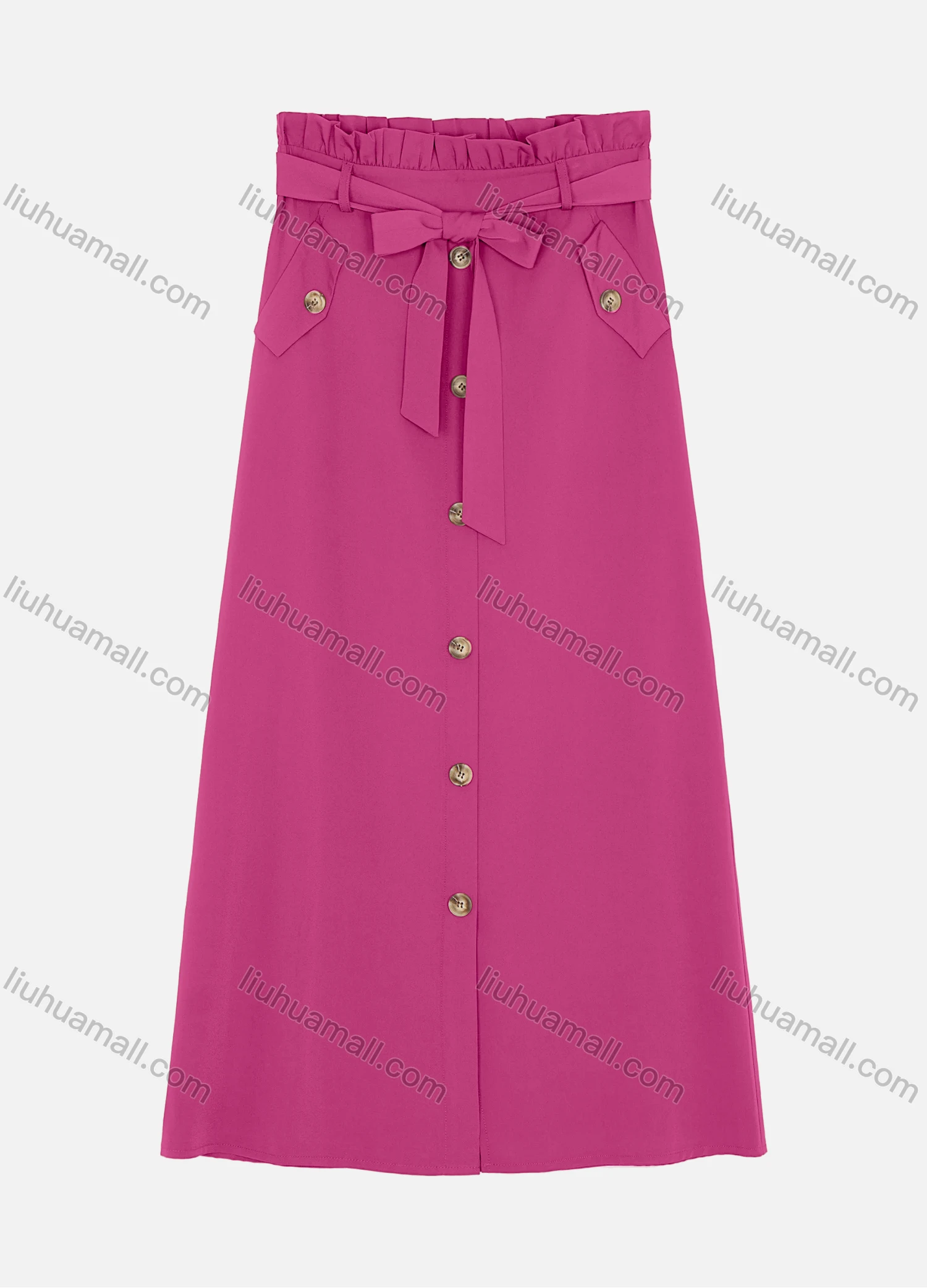 Wholesale Women's Elastic Waist Lace Up Button Fake Pockets Plain Maxi Skirts 2050-2251# - Liuhuamall