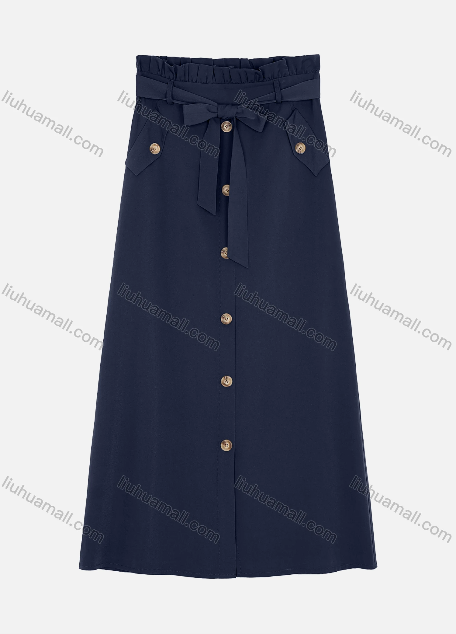 Wholesale Women's Elastic Waist Lace Up Button Fake Pockets Plain Maxi Skirts 2050-2251# - Liuhuamall