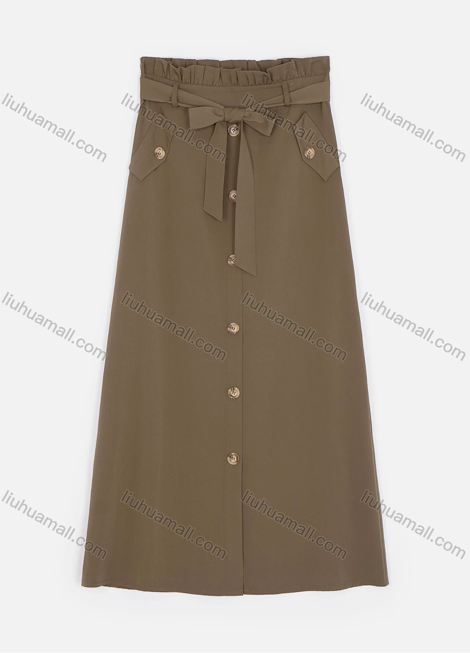 Wholesale Women's Elastic Waist Lace Up Button Fake Pockets Plain Maxi Skirts 2050-2251# - Liuhuamall