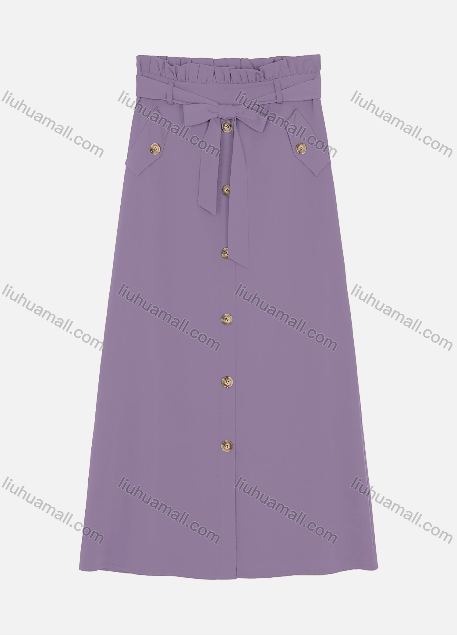 Wholesale Women's Elastic Waist Lace Up Button Fake Pockets Plain Maxi Skirts 2050-2251# - Liuhuamall