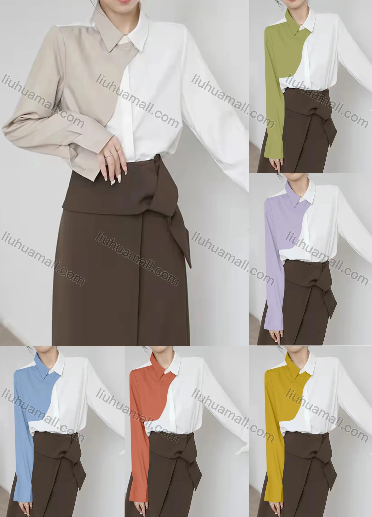 Wholesale Women's Casual Long Sleeve Collared Button Down Colorblock Splicing Plain Shirts 294547# - Liuhuamall