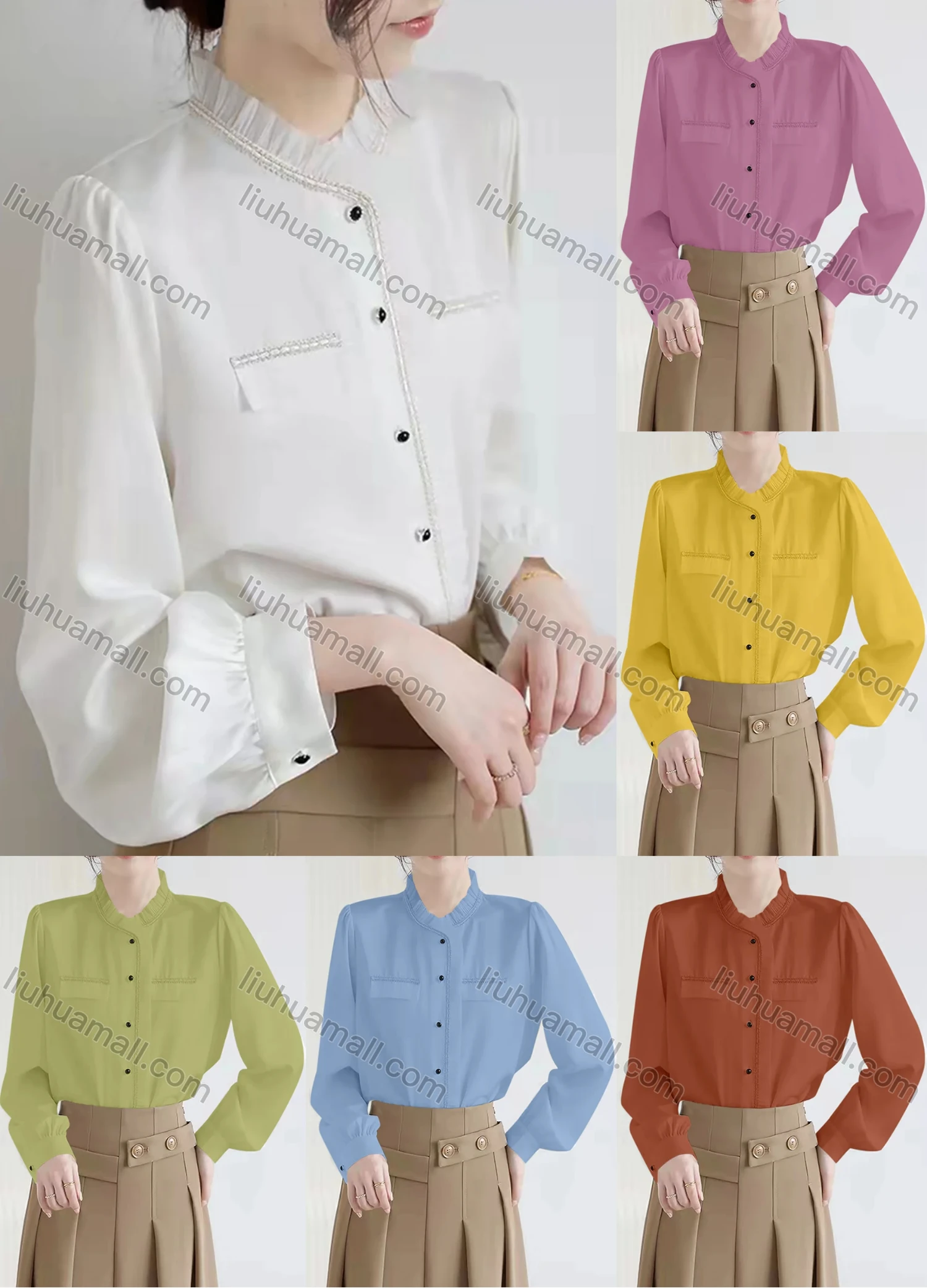Wholesale Women's Elegant Long Sleeve Ruffle Neck Button Down Ruffle Trim Shirts 473526# - Liuhuamall