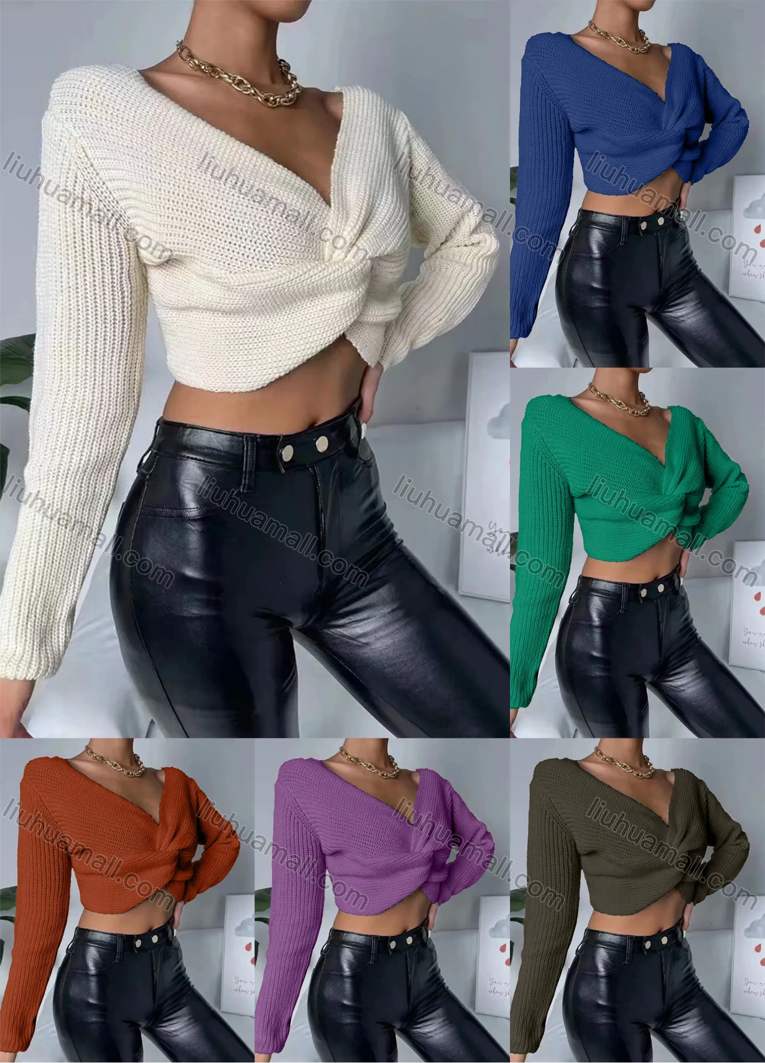 Wholesale Women Plain V Neck Twist Front Long Sleeve Knitted Crop Tops - Liuhuamall