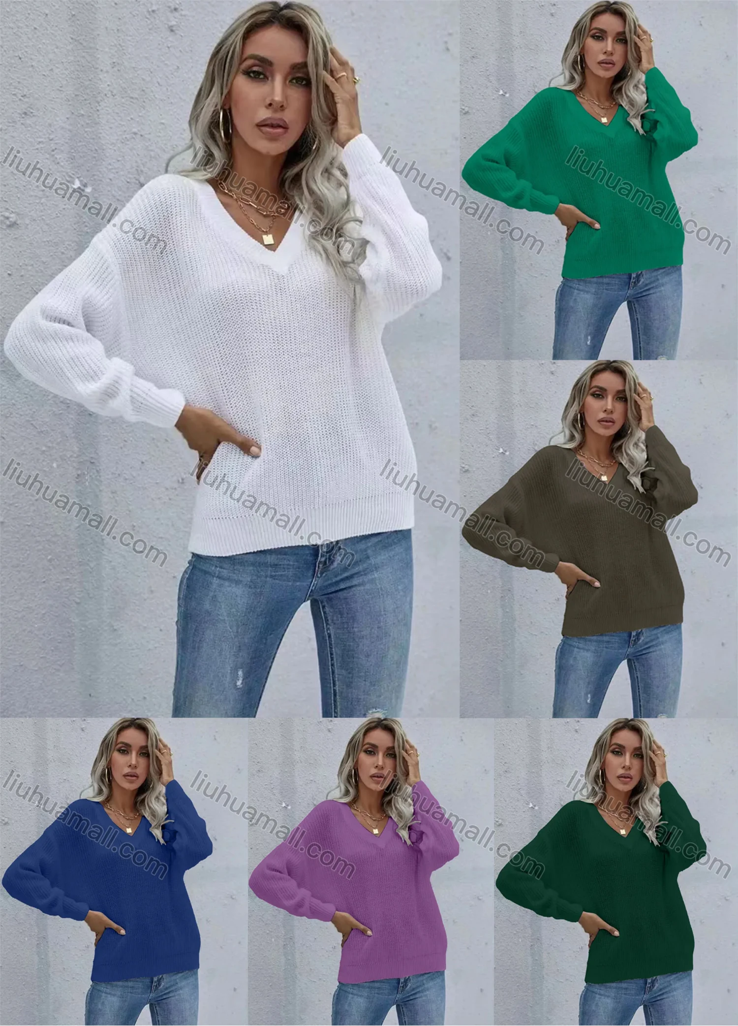 Wholesale Women Plain V Neck Long Sleeve Pullover Sweater - Liuhuamall