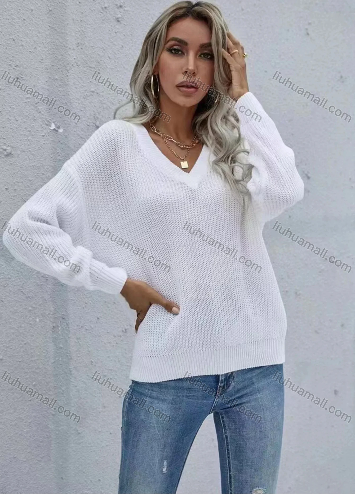 Wholesale Women Plain V Neck Long Sleeve Pullover Sweater - Liuhuamall