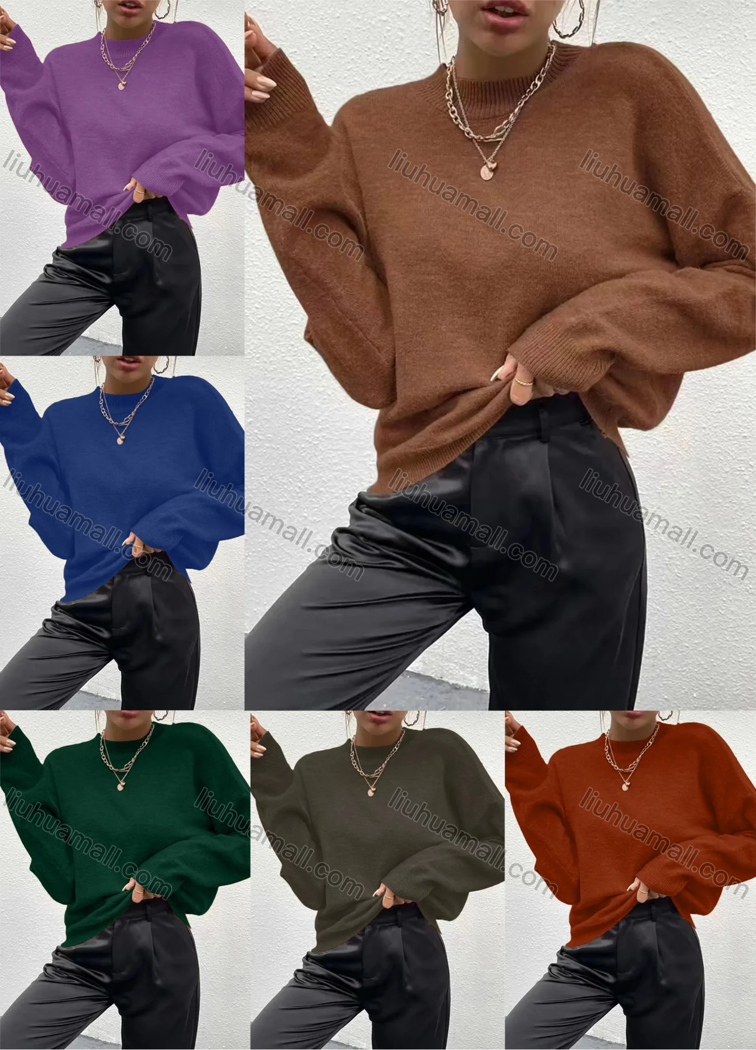 Wholesale Women's Plain Loose Fit Mock Neck Drop Shoulder Pullover Knitted Sweater - Liuhuamall