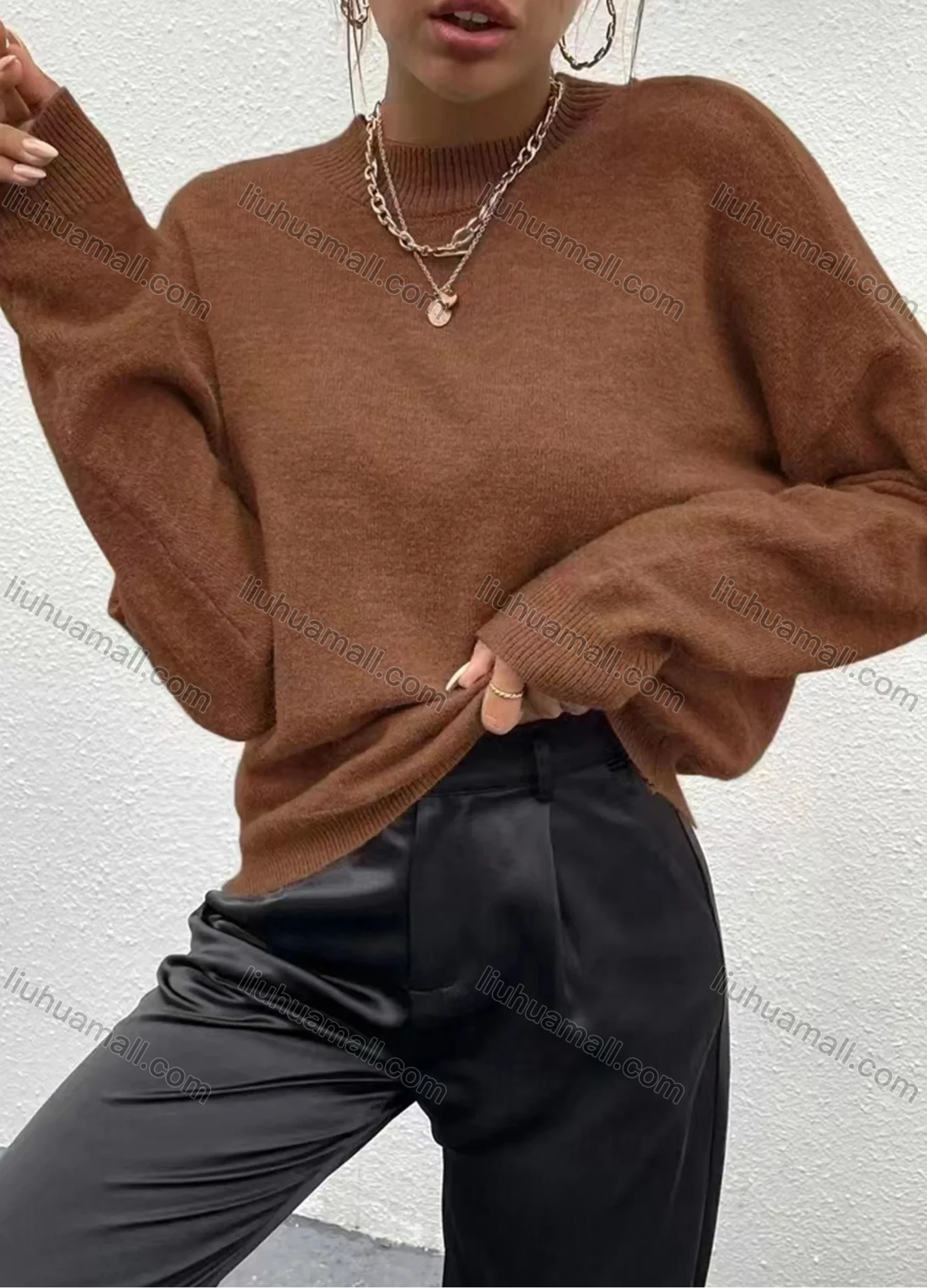 Wholesale Women's Plain Loose Fit Mock Neck Drop Shoulder Pullover Knitted Sweater - Liuhuamall