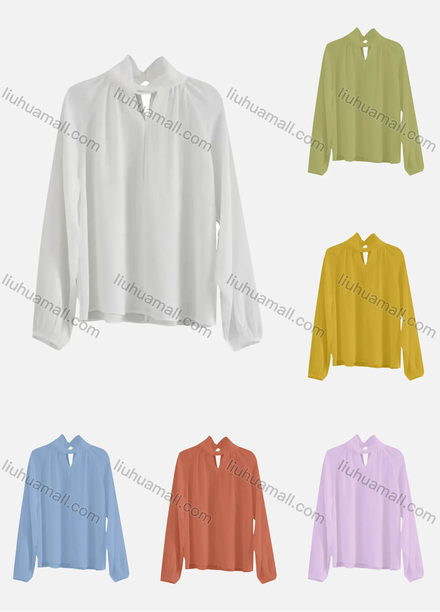 Wholesale Women's Elegant Keyhole Neck Long Sleeve Ruched Plain Blouse 533997# - Liuhuamall