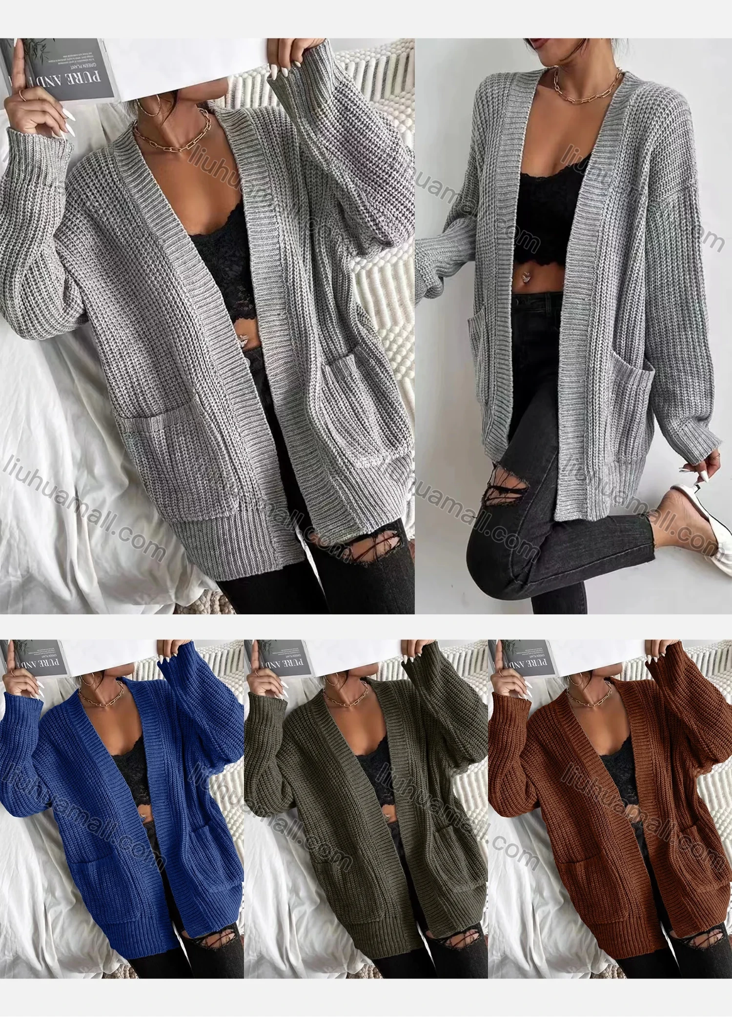 Wholesale Women's Plain Loose Fit Drop Shoulder Dual Pockets Long Sleeve Knitted Cardigan - Liuhuamall
