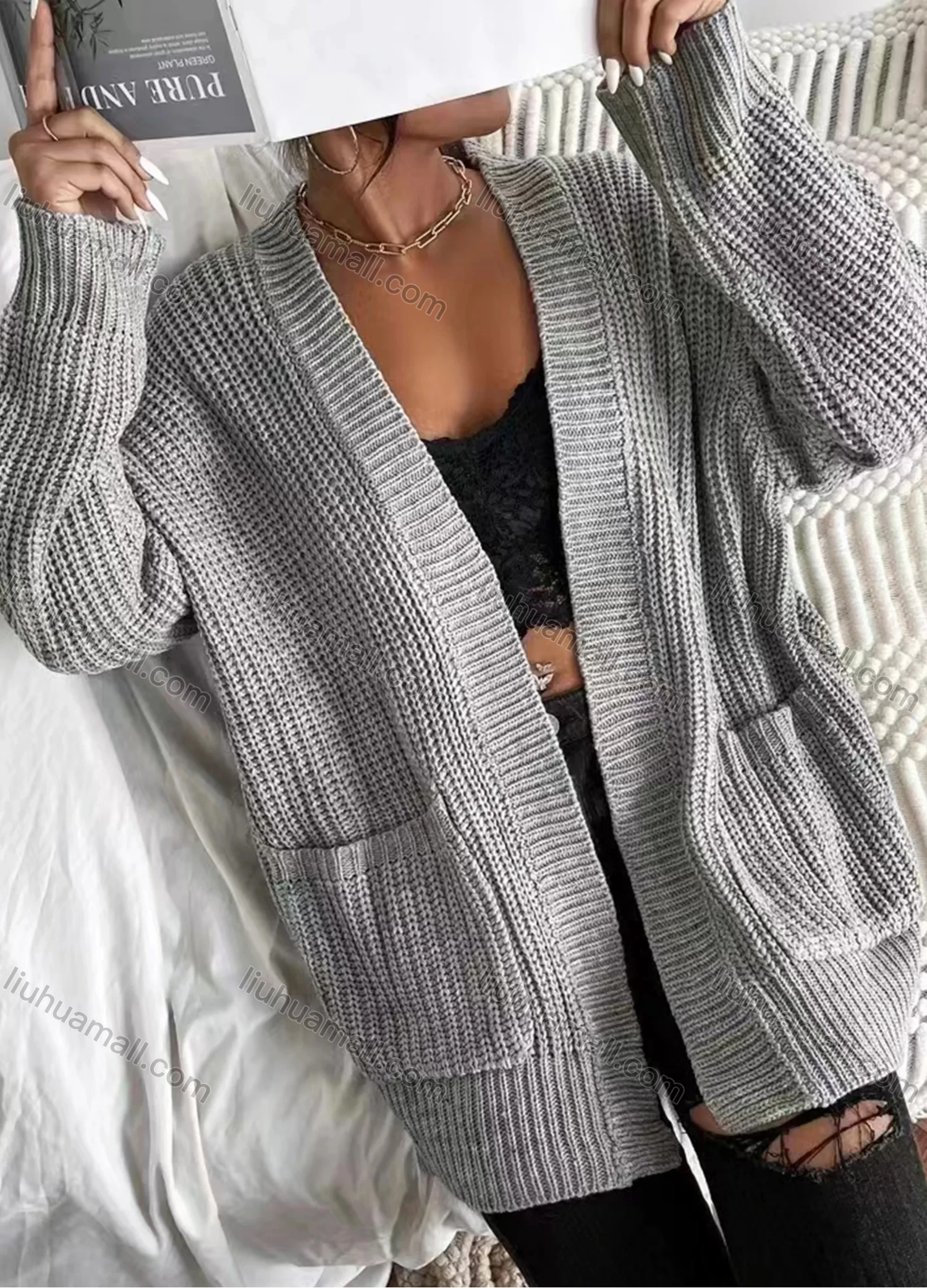 Wholesale Women's Plain Loose Fit Drop Shoulder Dual Pockets Long Sleeve Knitted Cardigan - Liuhuamall