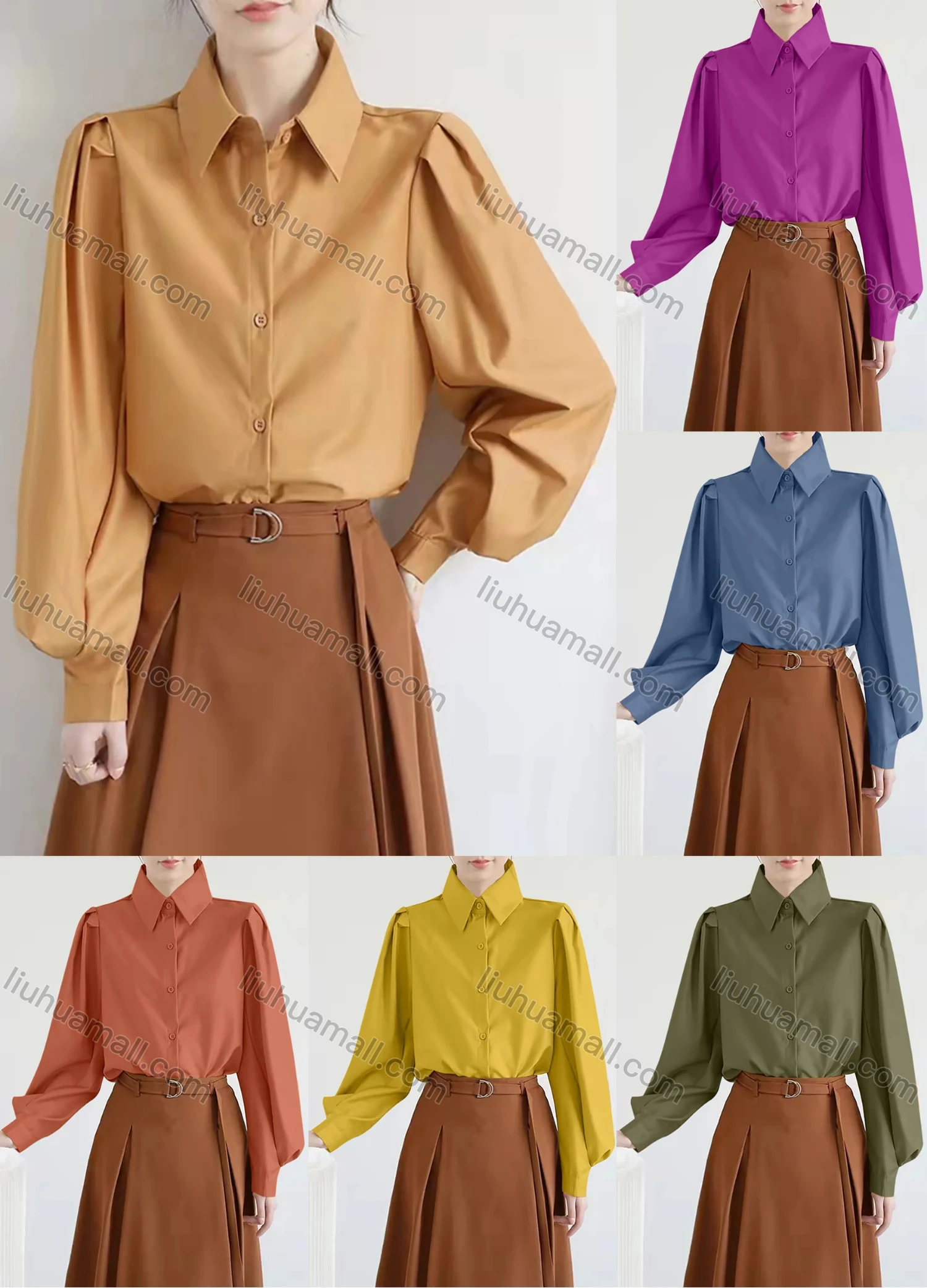 Wholesale Women's Casual Collared Puff Sleeve Button Down Ruched Plain Shirts 555660# - Liuhuamall