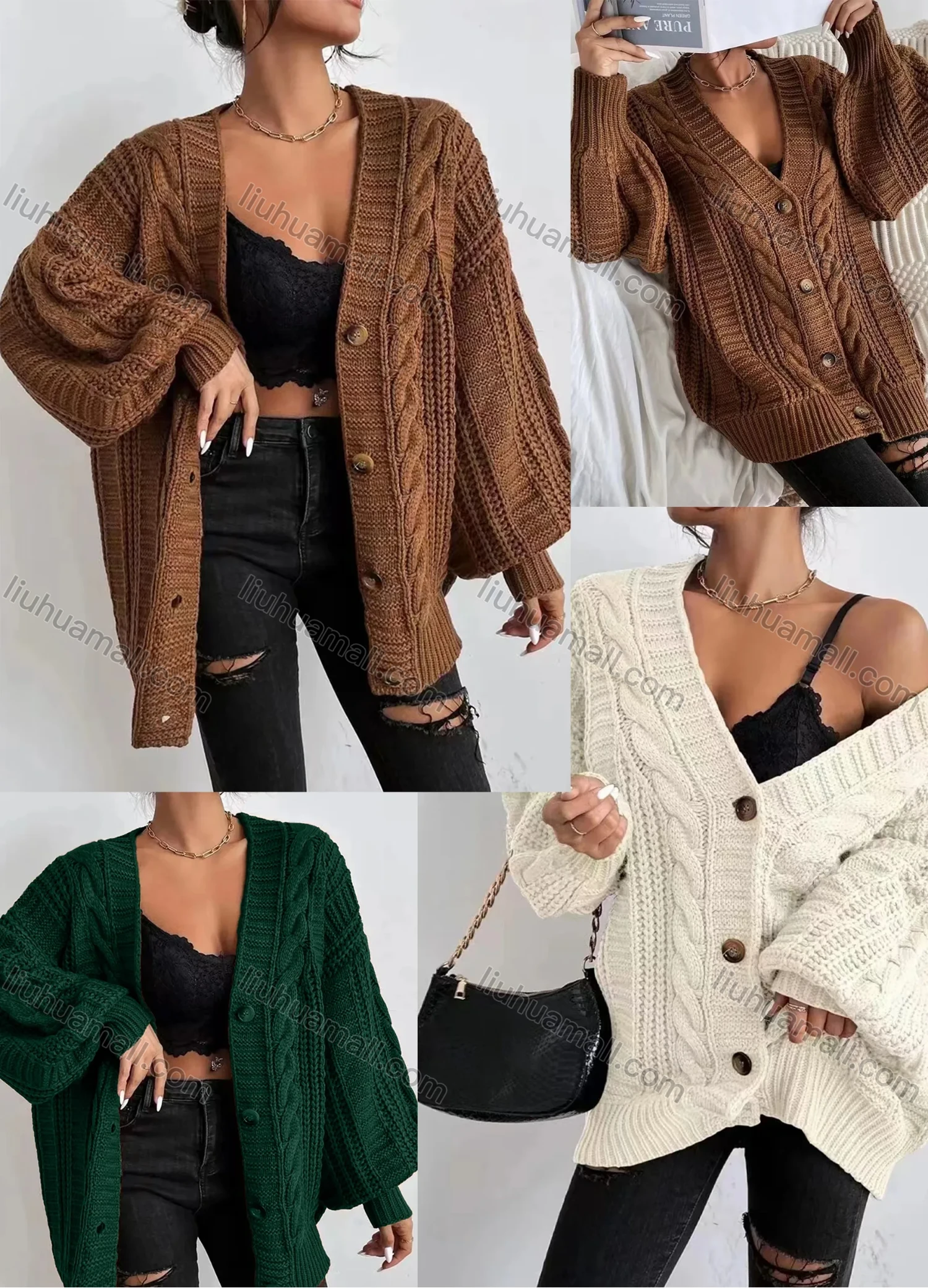 Wholesale Women's Plain Loose Fit Button Front Lantern Sleeve Cable Knit Cardigan - Liuhuamall