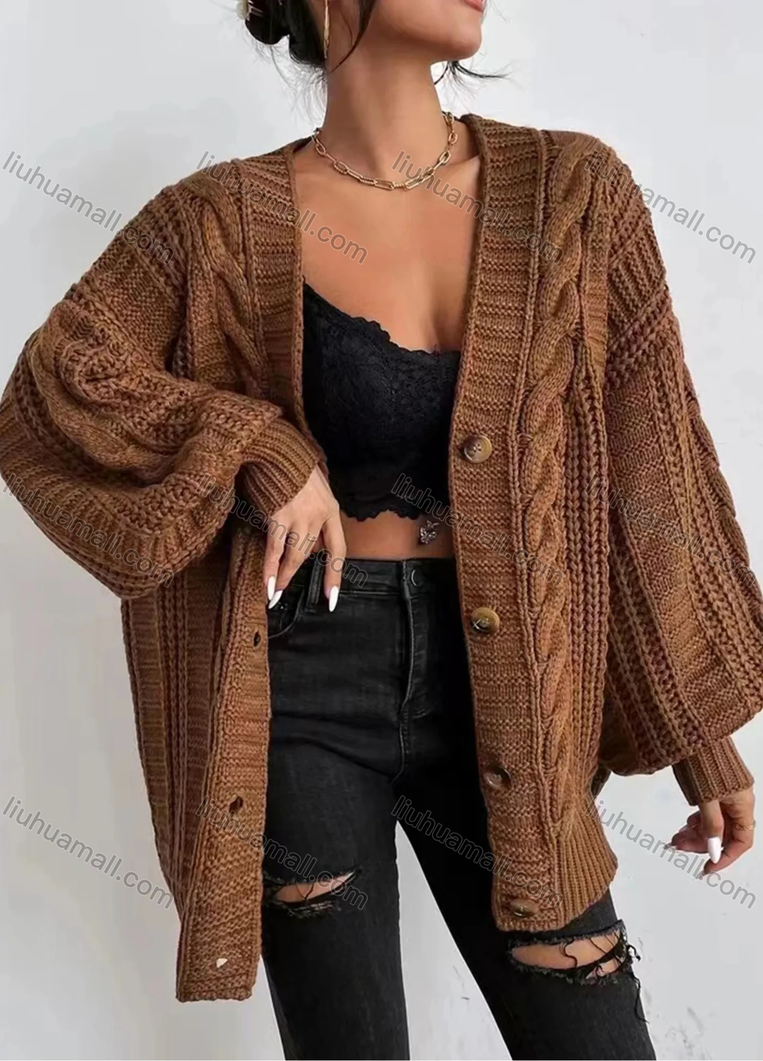 Wholesale Women's Plain Loose Fit Button Front Lantern Sleeve Cable Knit Cardigan - Liuhuamall