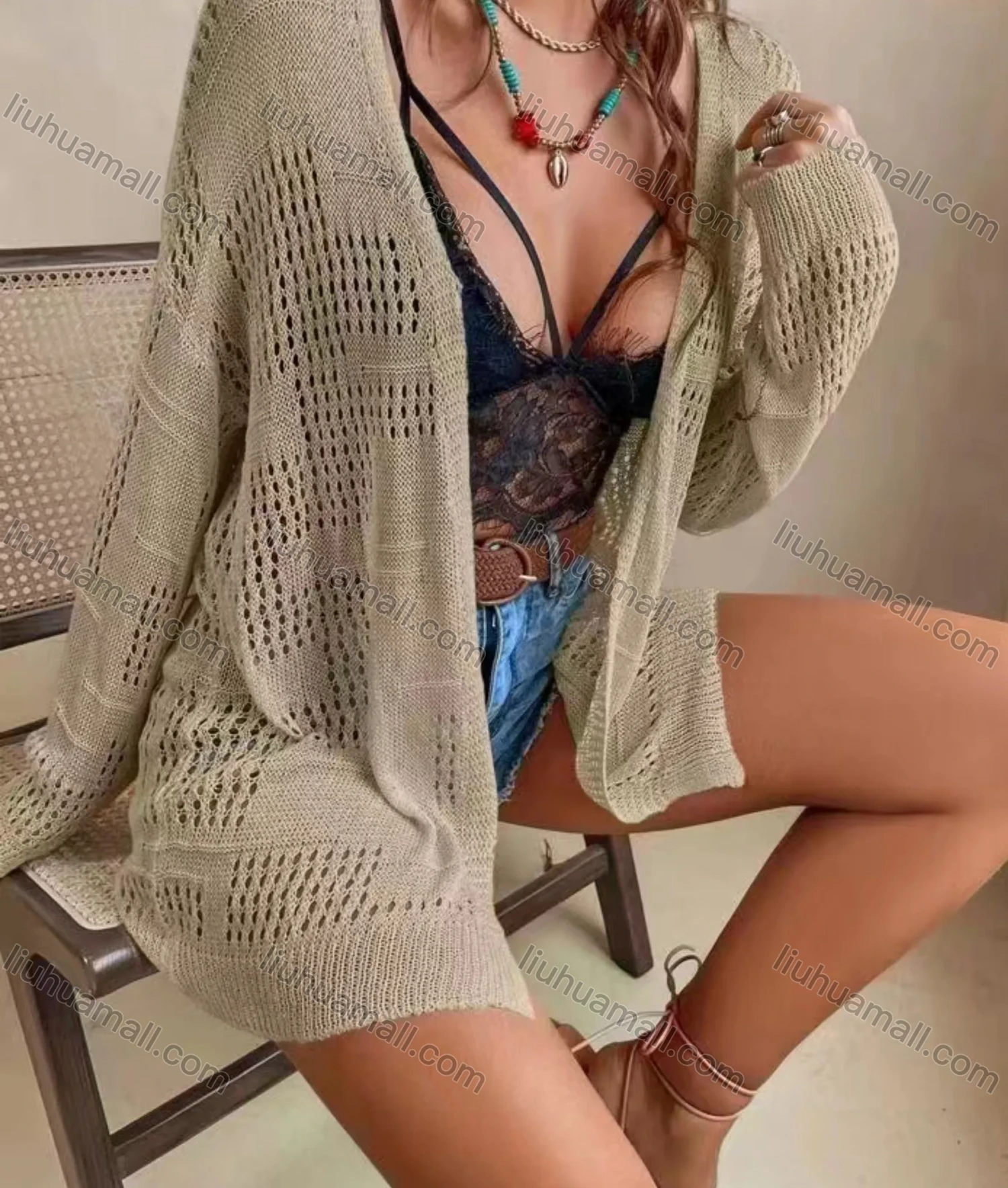 Wholesale Women's Plain Loose Fit Hollow Out Long Sleeve Cardigan - Liuhuamall