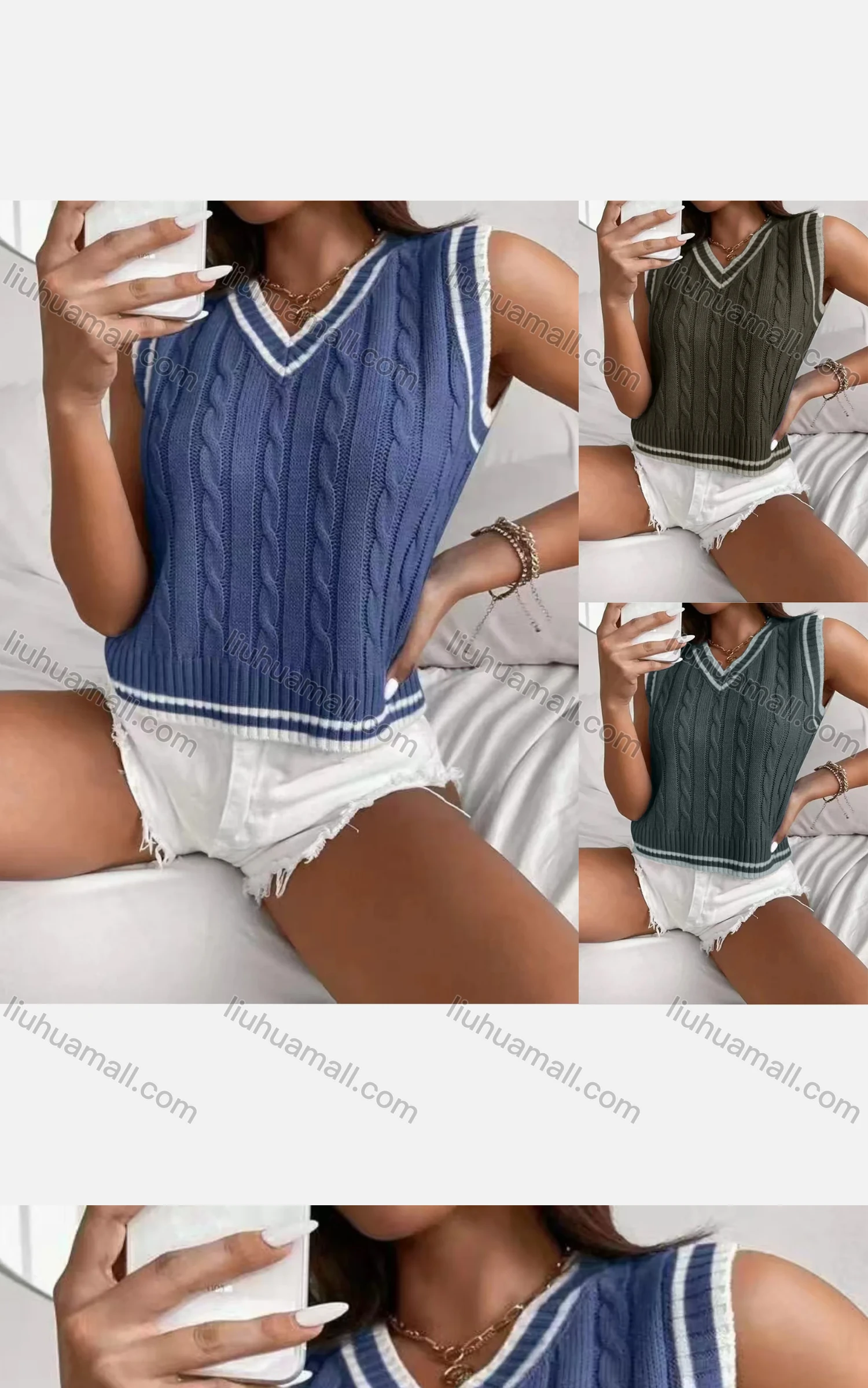 Wholesale Women's V Neck Contrast Cable Knit Sweater Vest - Liuhuamall