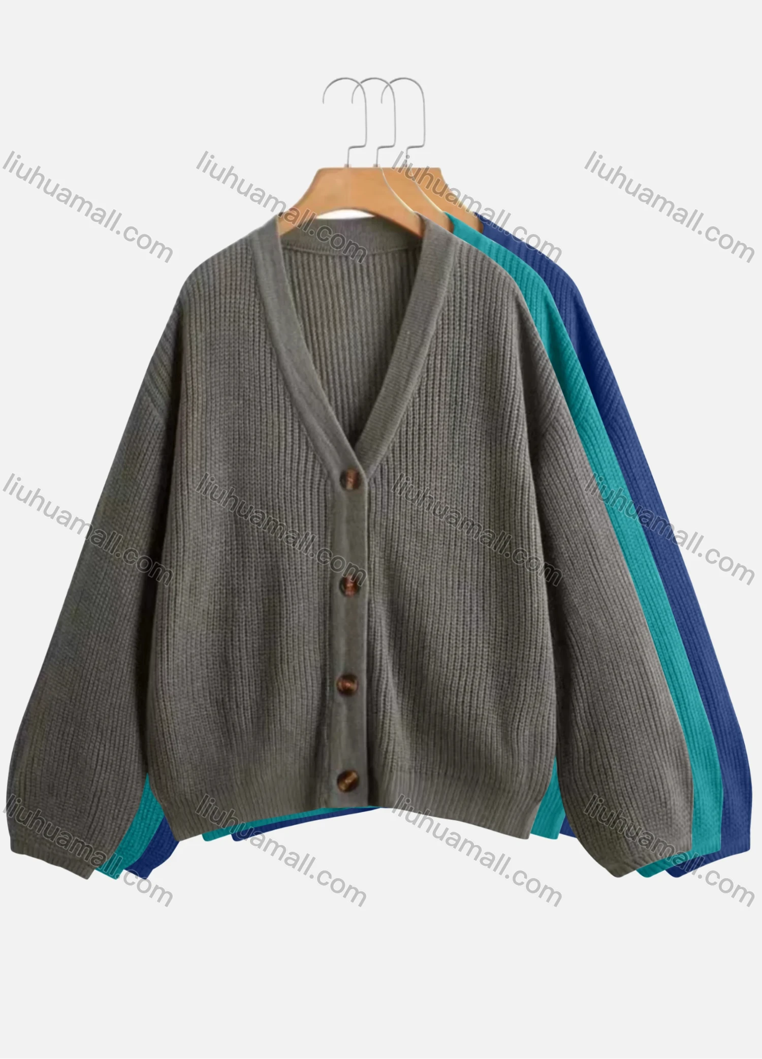 Wholesale Women's Plain Lantern Sleeve Button Front Knitted Cardigan - Liuhuamall