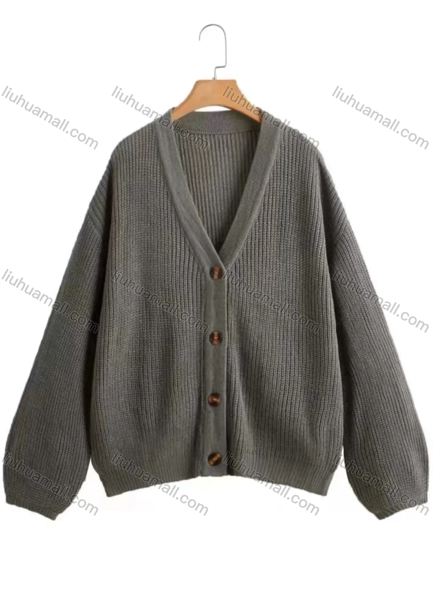 Wholesale Women's Plain Lantern Sleeve Button Front Knitted Cardigan - Liuhuamall