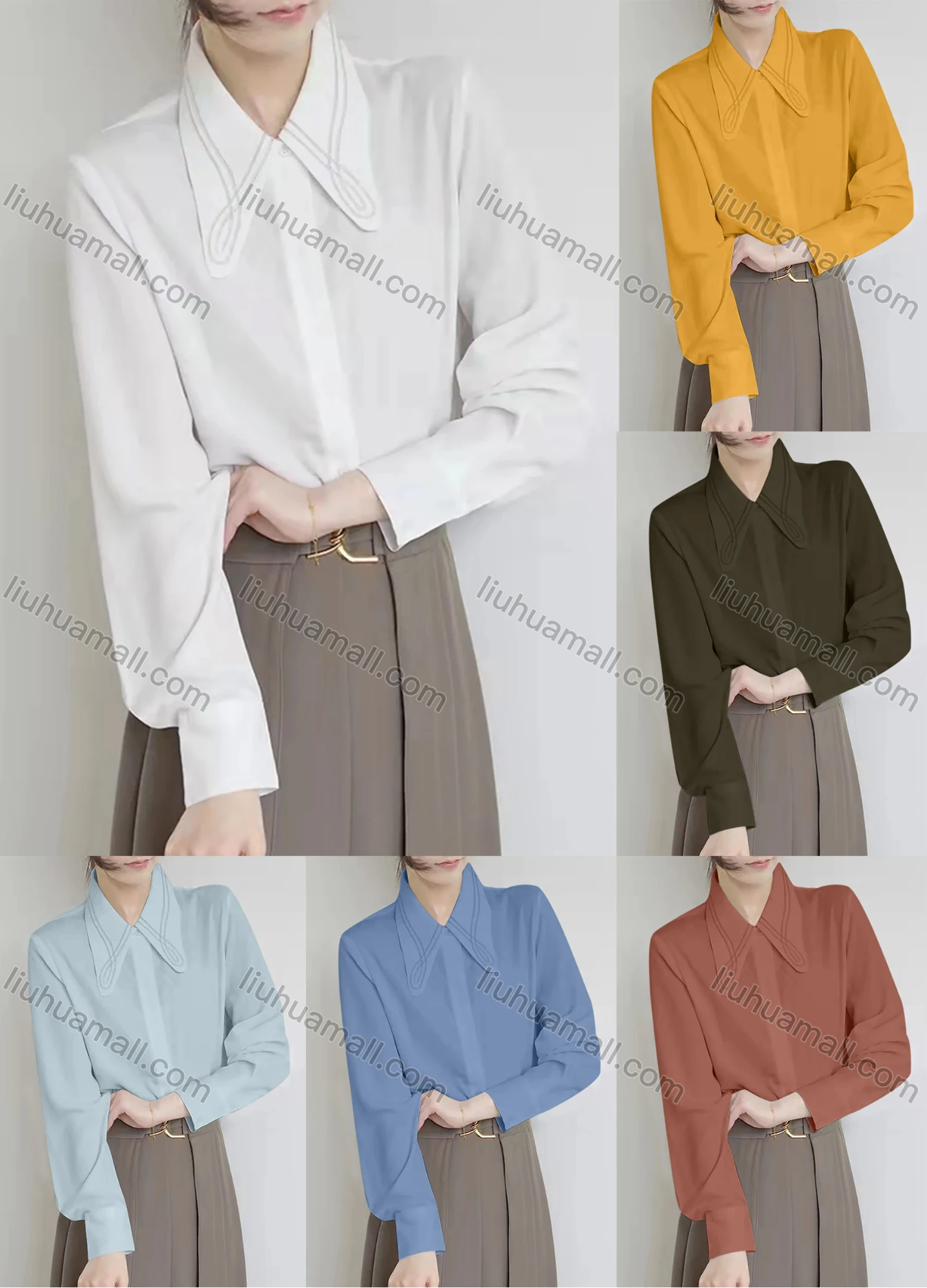 Wholesale Women's Casual Long Sleeve Collared Embroidery Button Down Plain Shirts 657053# - Liuhuamall