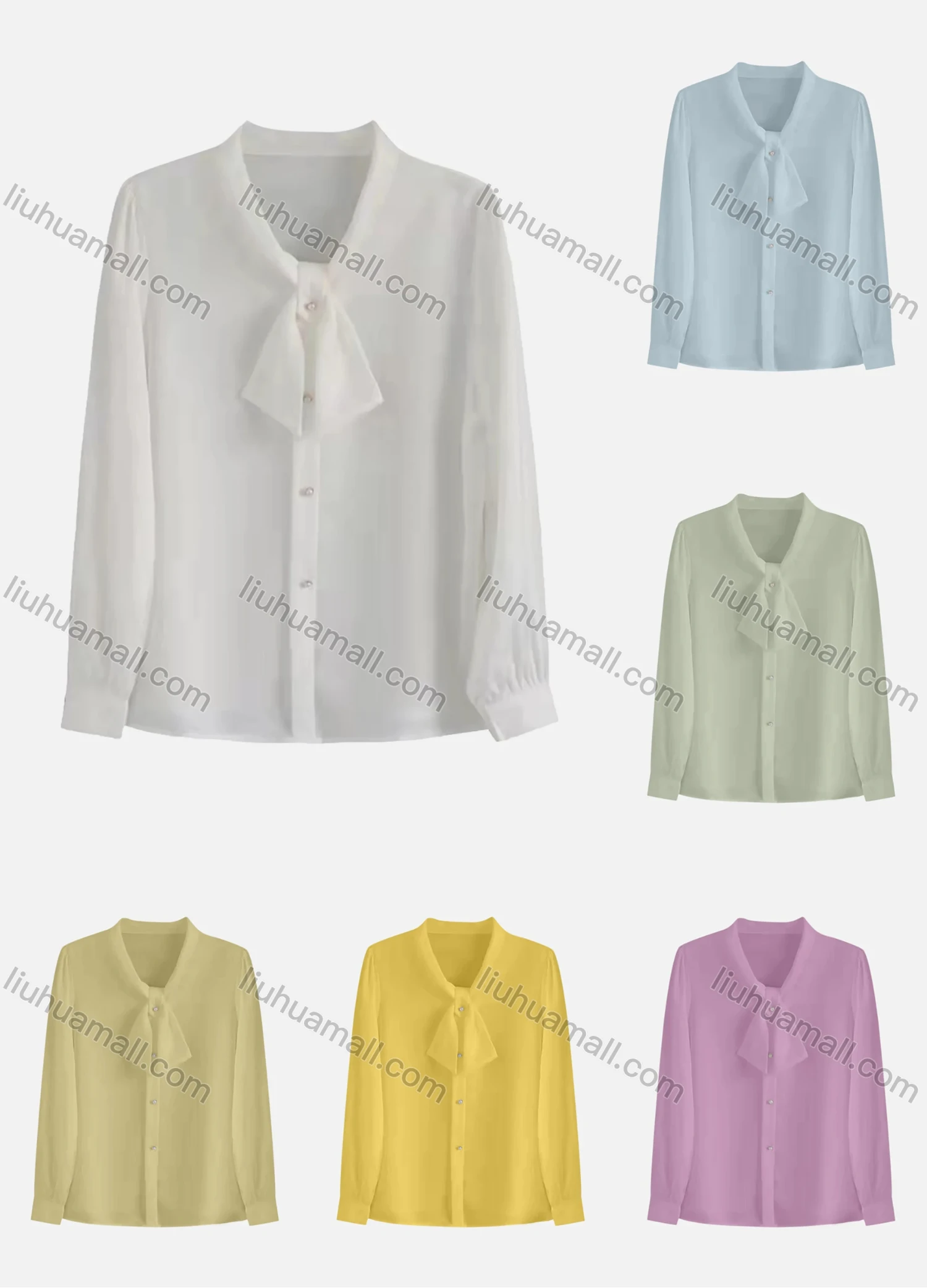 Wholesale Women's Elegant Tie Neck Long Sleeve Button Down Plain Ruched Shirts 678379# - Liuhuamall