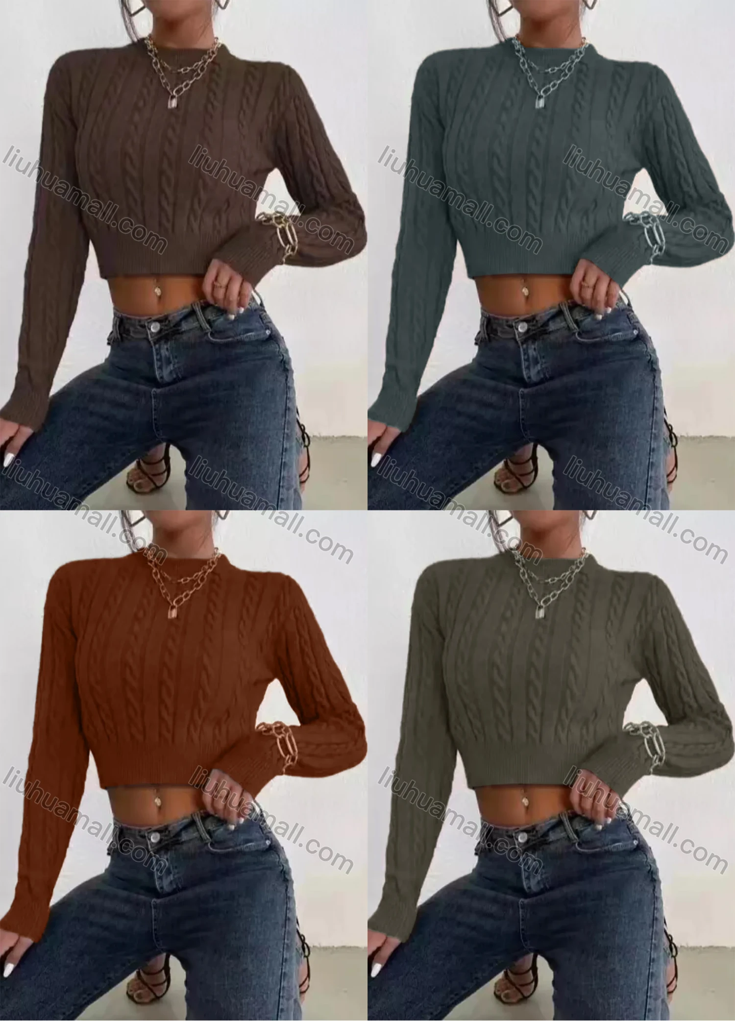 Wholesale Women's Plain Mock Neck Cable Knit Crop Pullover Sweater - Liuhuamall