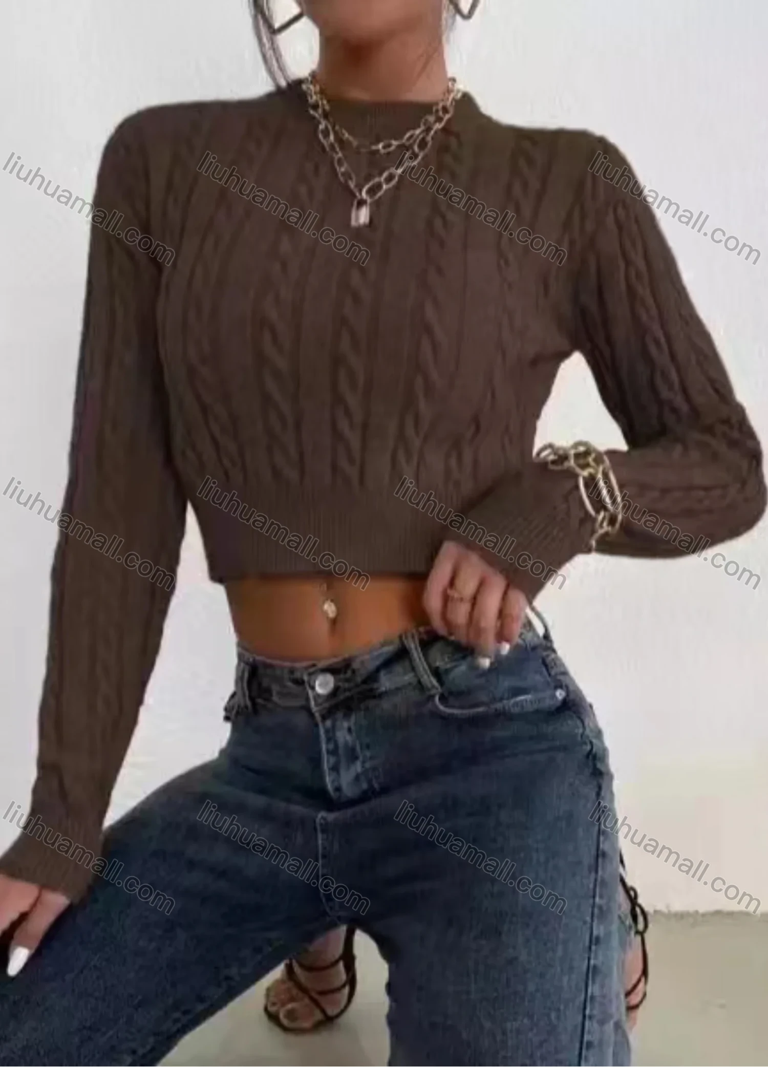 Wholesale Women's Plain Mock Neck Cable Knit Crop Pullover Sweater - Liuhuamall