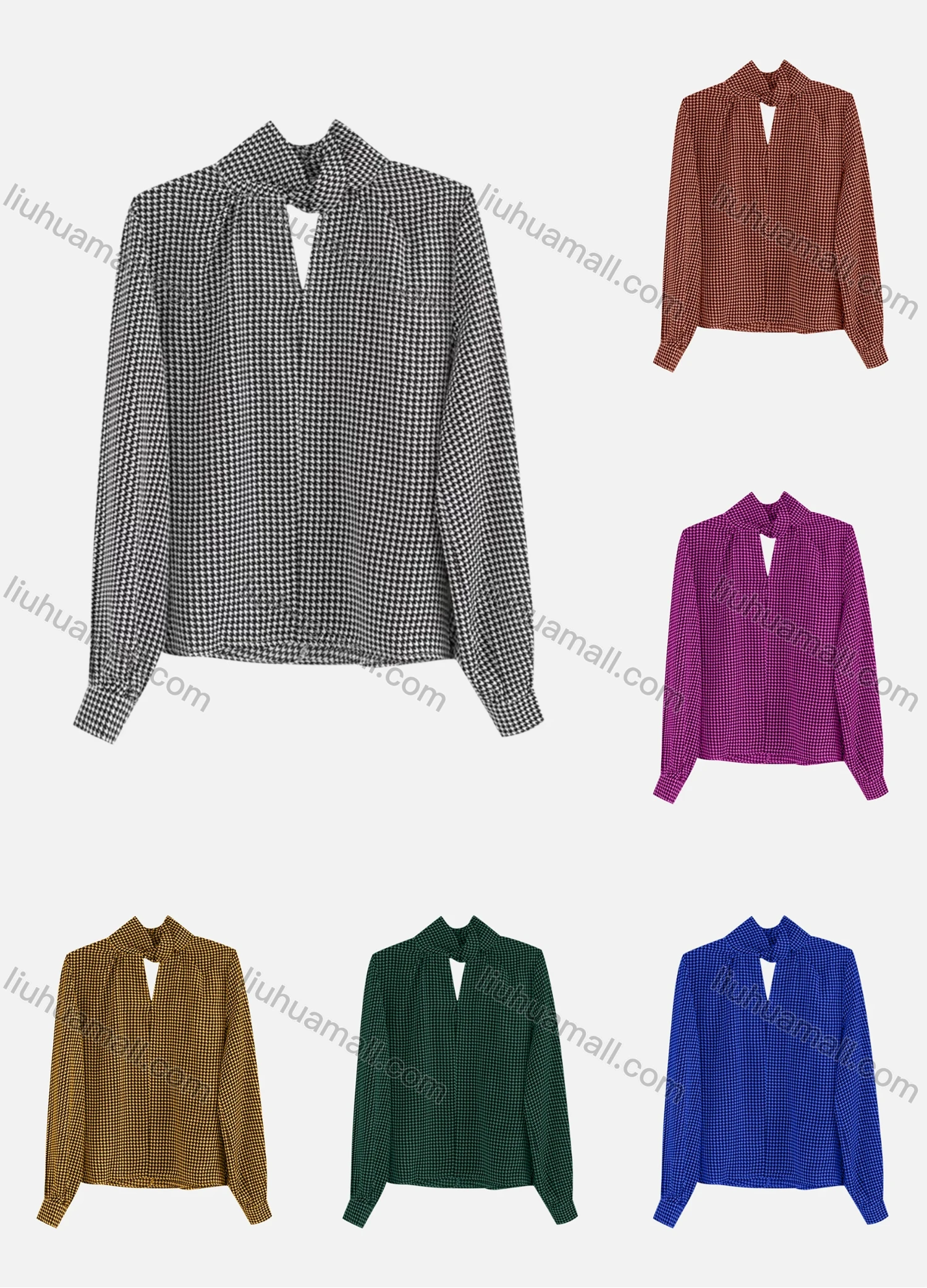 Wholesale Women's Elegant Keyhole Neck Long Sleeve Houndstooth Print Blouse 691794# - Liuhuamall
