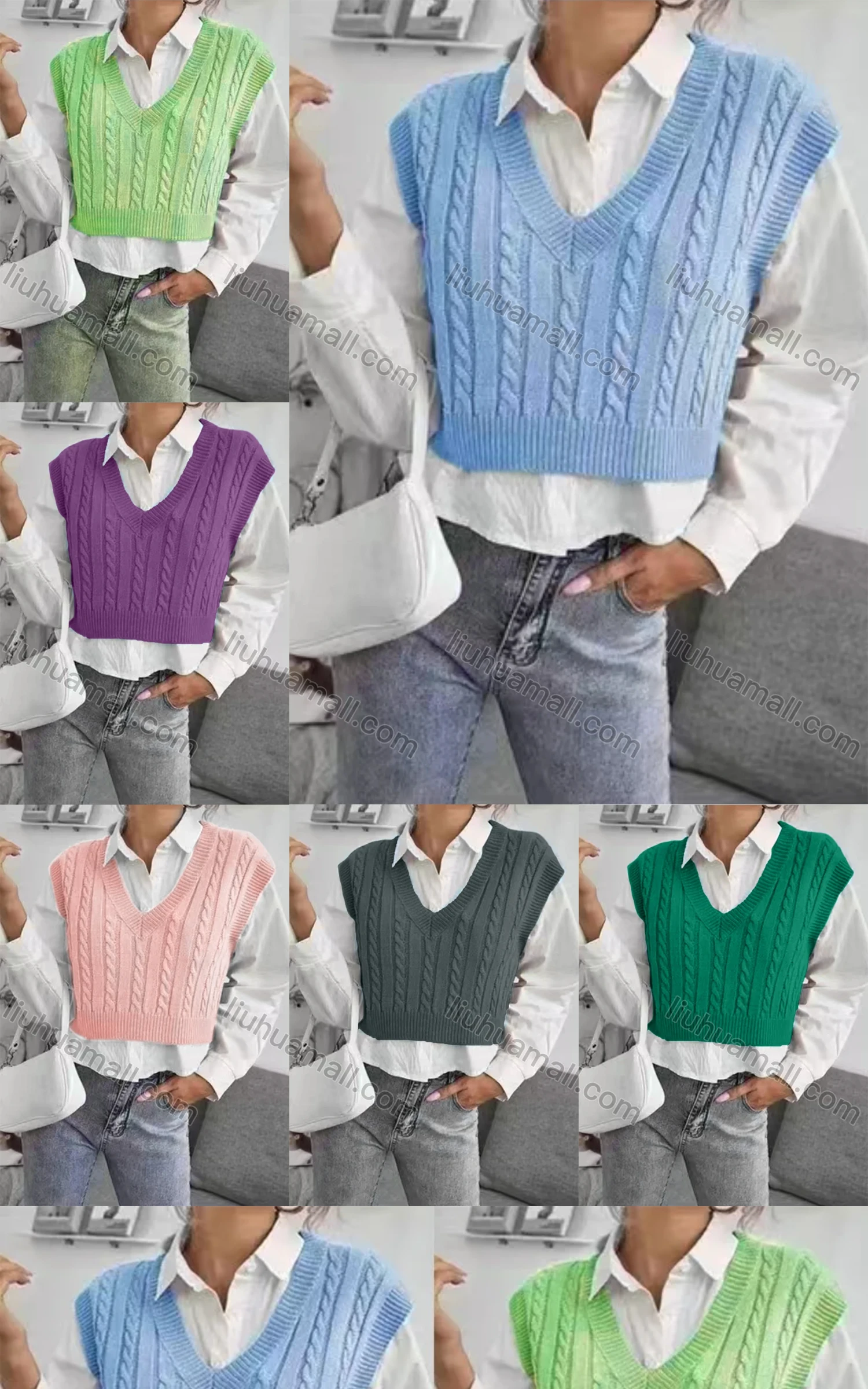 Wholesale Women's Plain V Neck Cable Knit Crop Sweater Vest - Liuhuamall