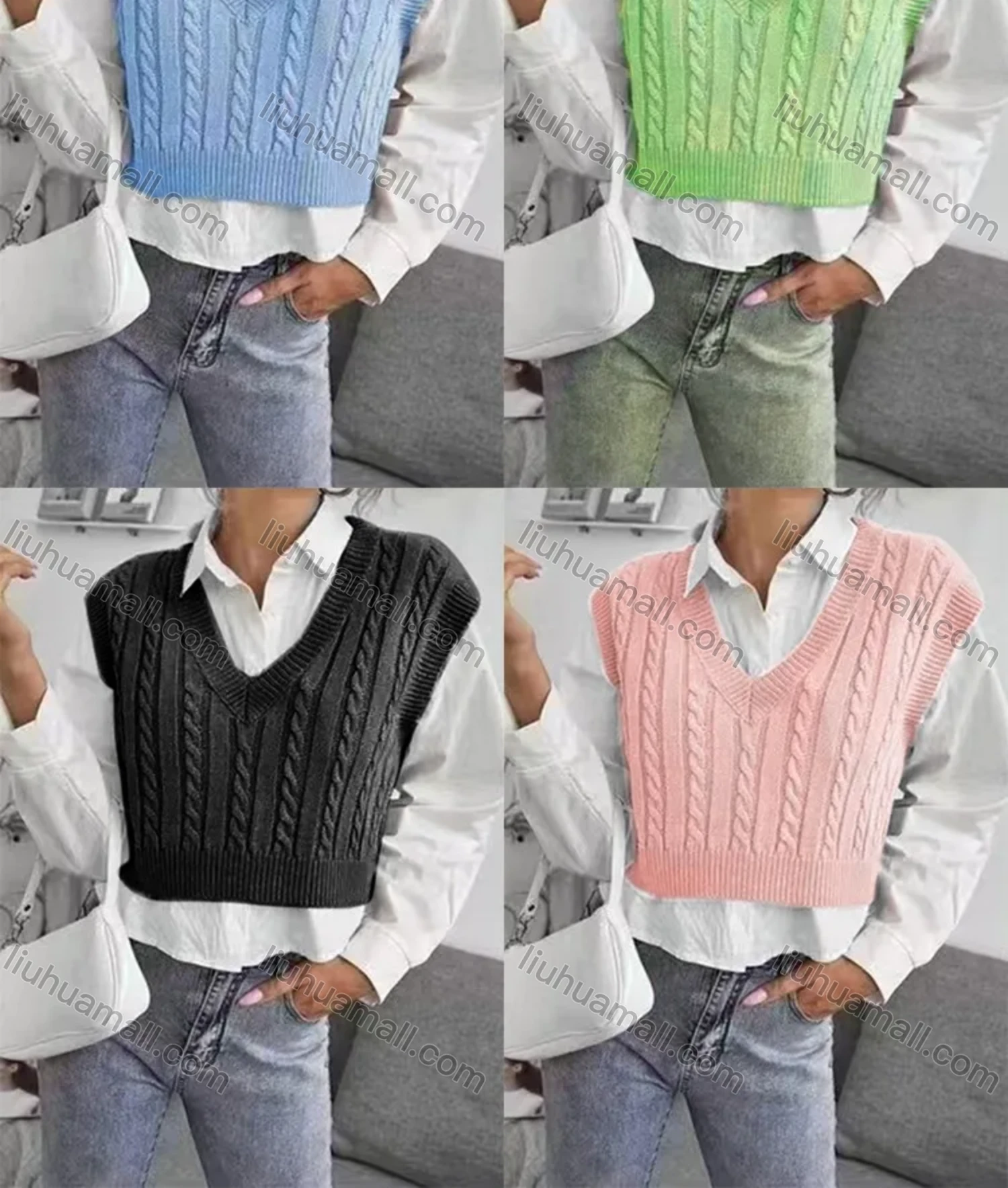 Wholesale Women's Plain V Neck Cable Knit Crop Sweater Vest - Liuhuamall