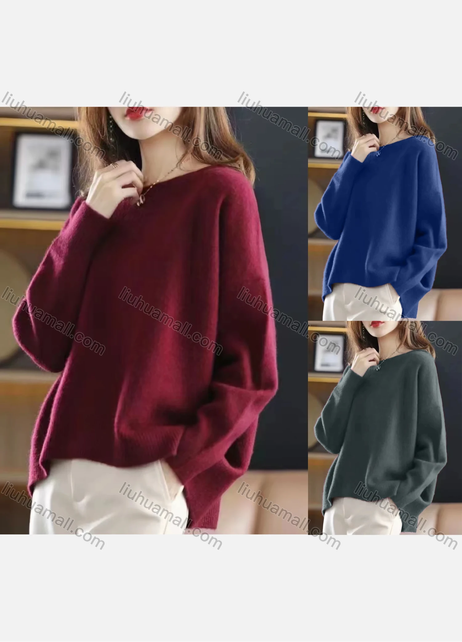 Wholesale Women's Plain Loose Fit Bateau Neck Pullover Knit Top - Liuhuamall