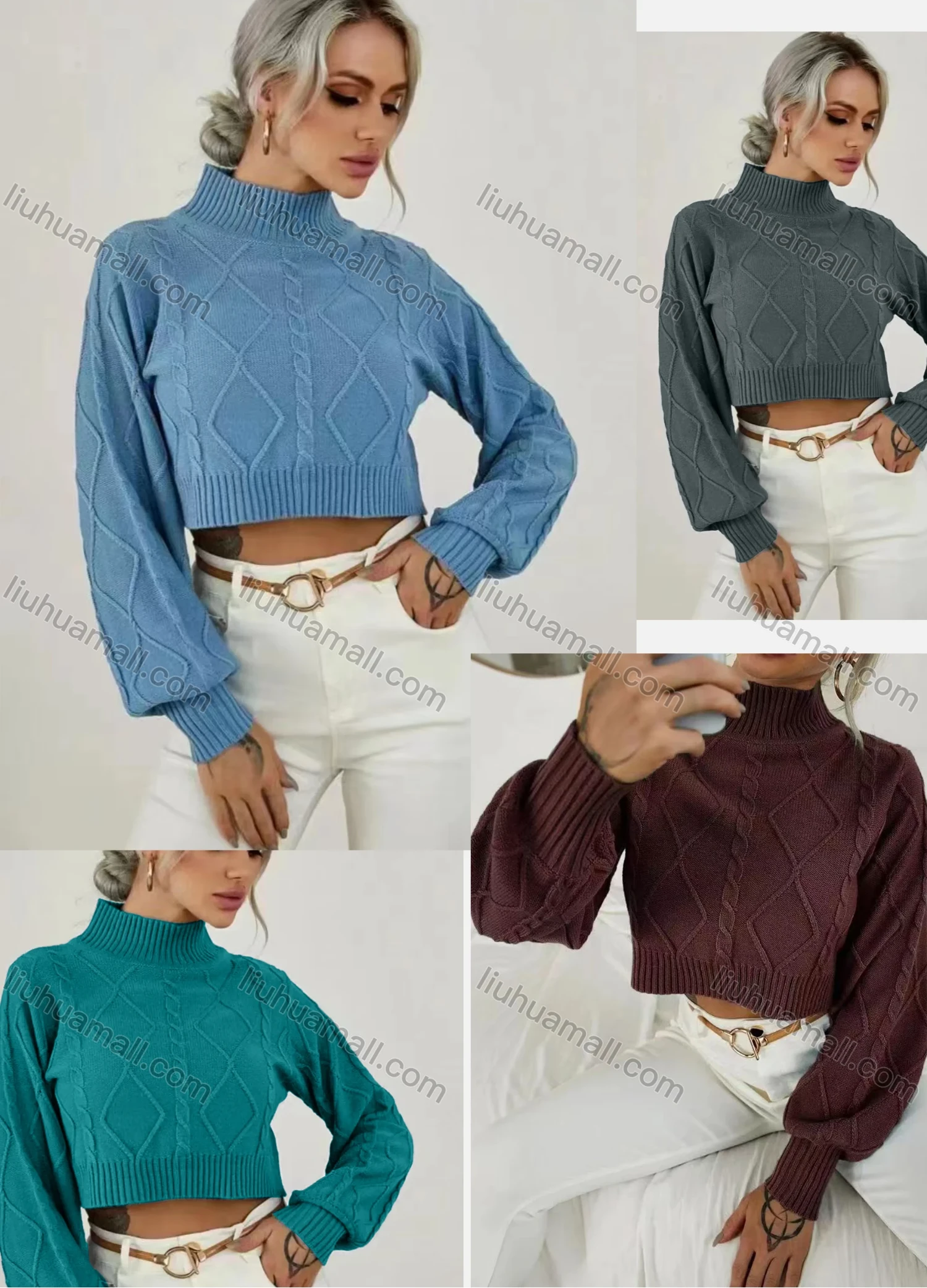 Wholesale Women's Plain Stand Collar Bishop Sleeve Cable Knit Crop Sweater - Liuhuamall