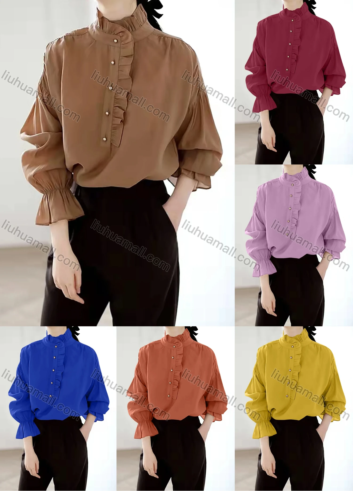Wholesale Women's Elegant Ruffle Neck Poet Sleeve Button Front Ruffle Trim Plain Blouse 799163# - Liuhuamall
