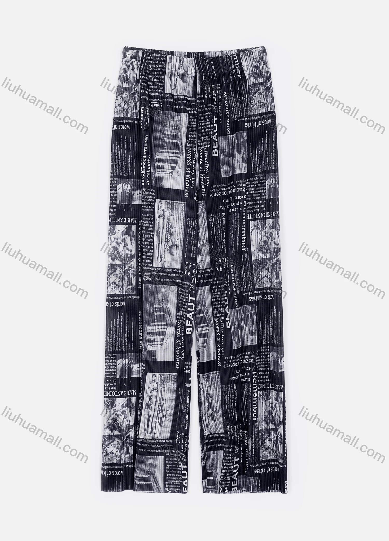 Wholesale Women's Elastic Waist Newspaper Print Rib-Knit Wide Leg Pants - Liuhuamall