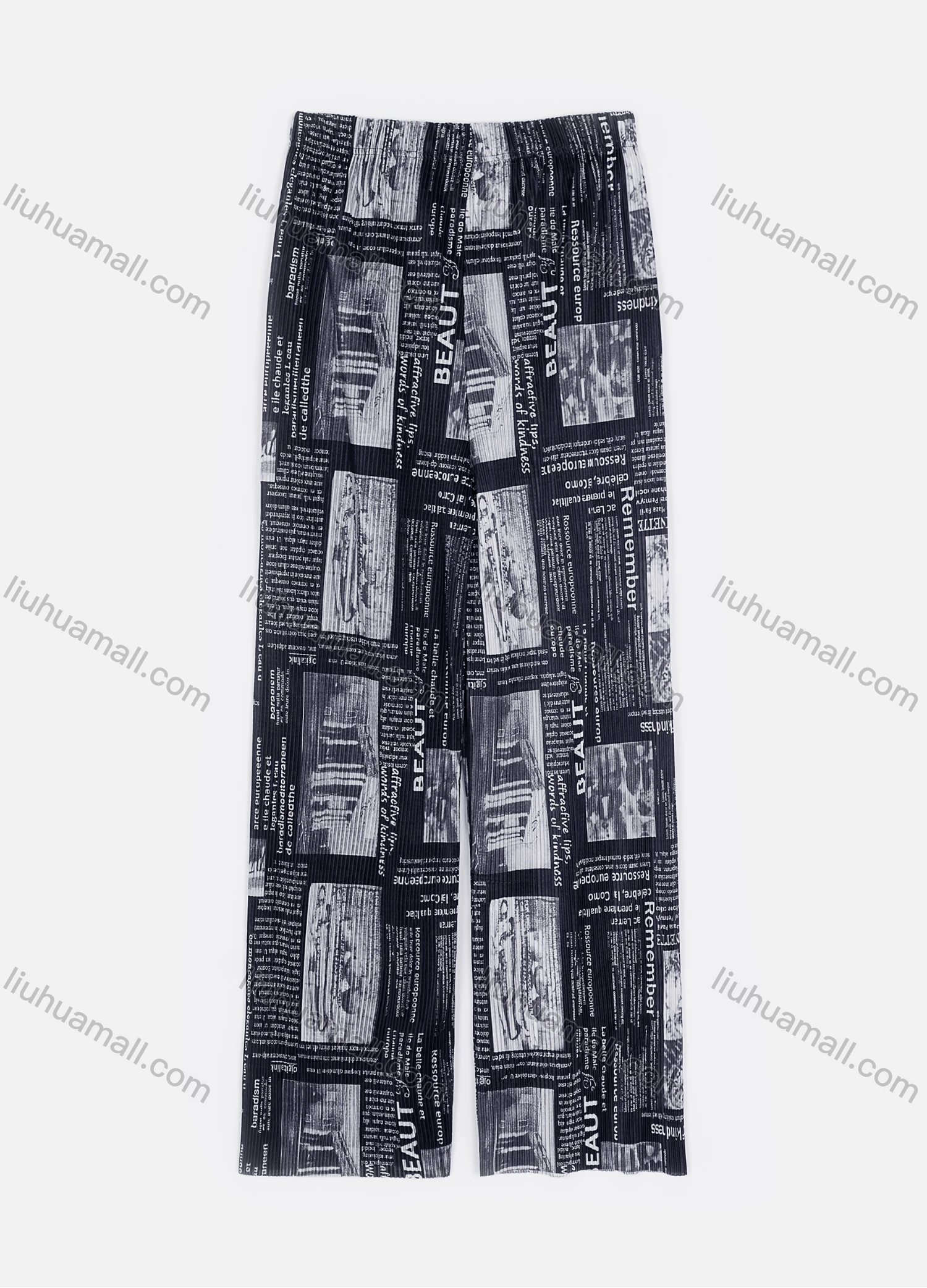 Wholesale Women's Elastic Waist Newspaper Print Rib-Knit Wide Leg Pants - Liuhuamall