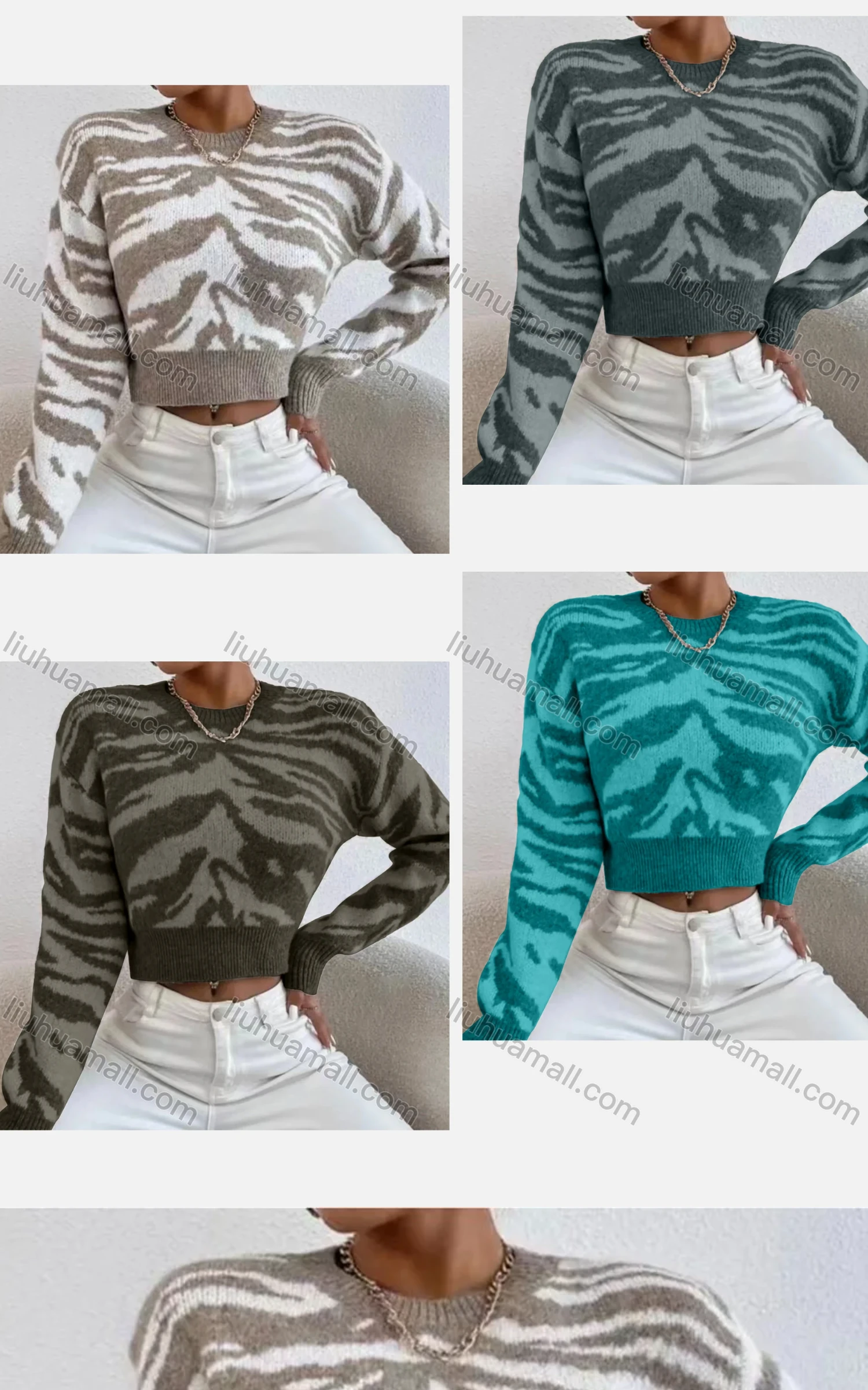 Wholesale Women's Crew Neck Tiger Print Pullover Crop Knitted Sweater - Liuhuamall