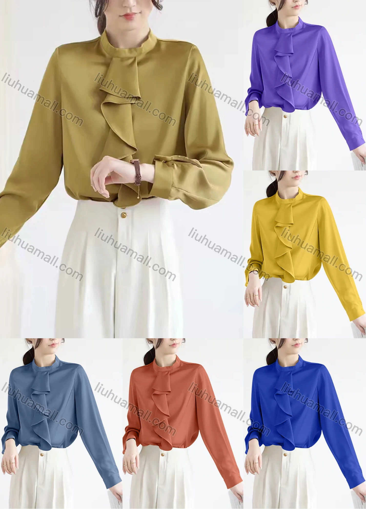 Wholesale Women's Elegant Jabot Collar Long Sleeve Ruffle Trim Plain Blouse 897049# - Liuhuamall