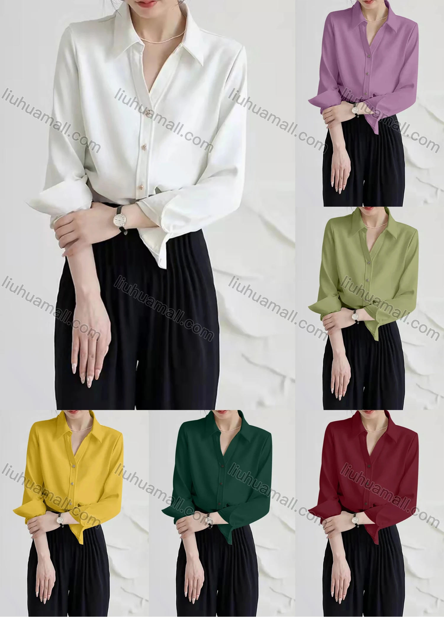 Wholesale Women's Casual Long Sleeve Turn-down Collar Button Down Plain Shirts 925229# - Liuhuamall