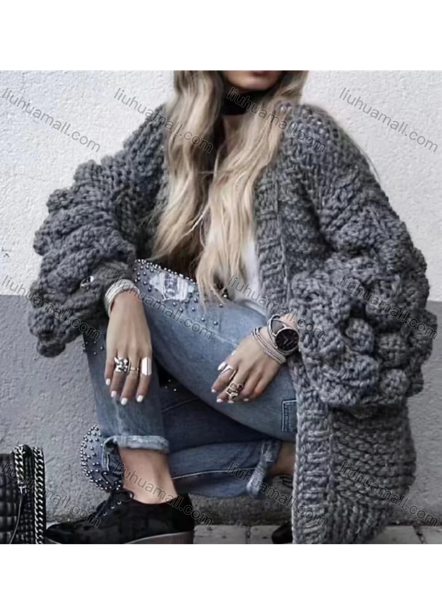 Wholesale Women's Plain Lantern Sleeve Loose Fit Knitted Cardigan - Liuhuamall