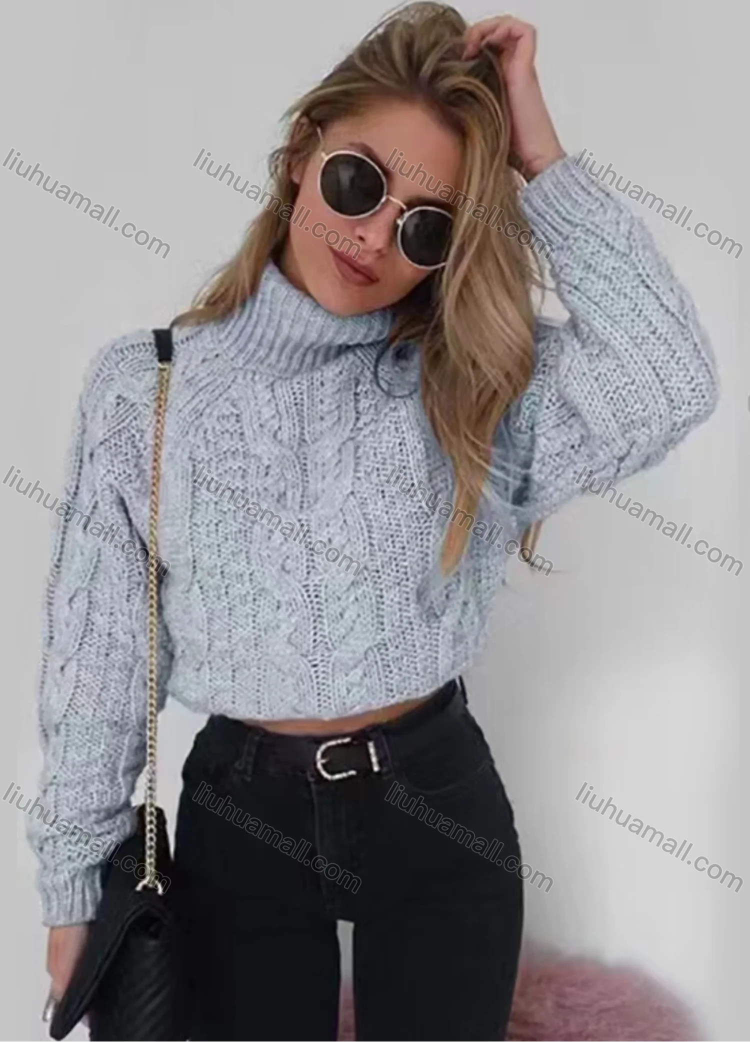 Wholesale Women's Plain Turtleneck Cable Knit Crop Sweater - Liuhuamall