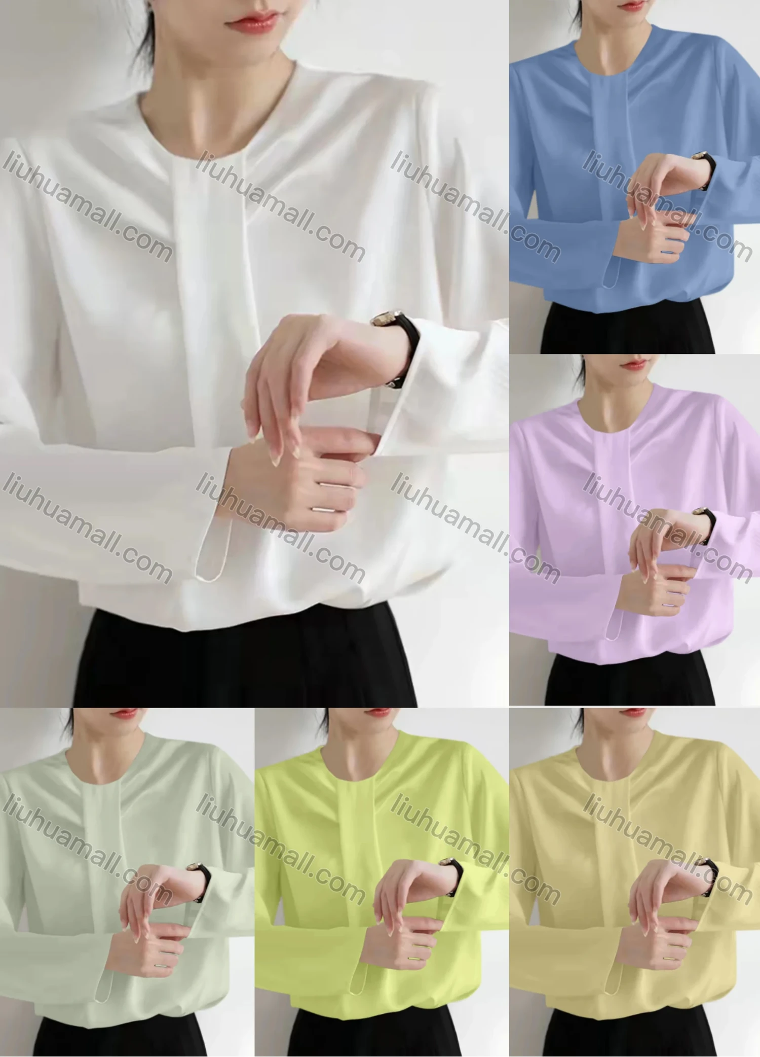 Wholesale Women's Casual Long Sleeve Crew Neck Plain Blouse - Liuhuamall