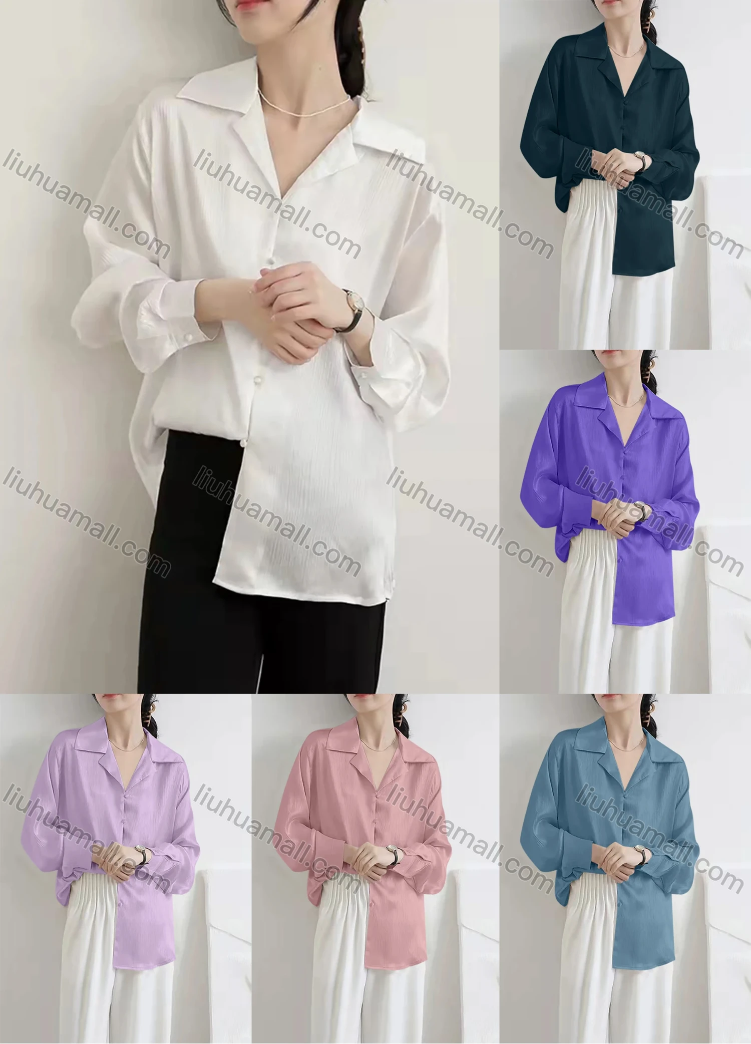 Wholesale Women's Casual Long Sleeve Turn-down Collar Button Down Plain Shirts - Liuhuamall